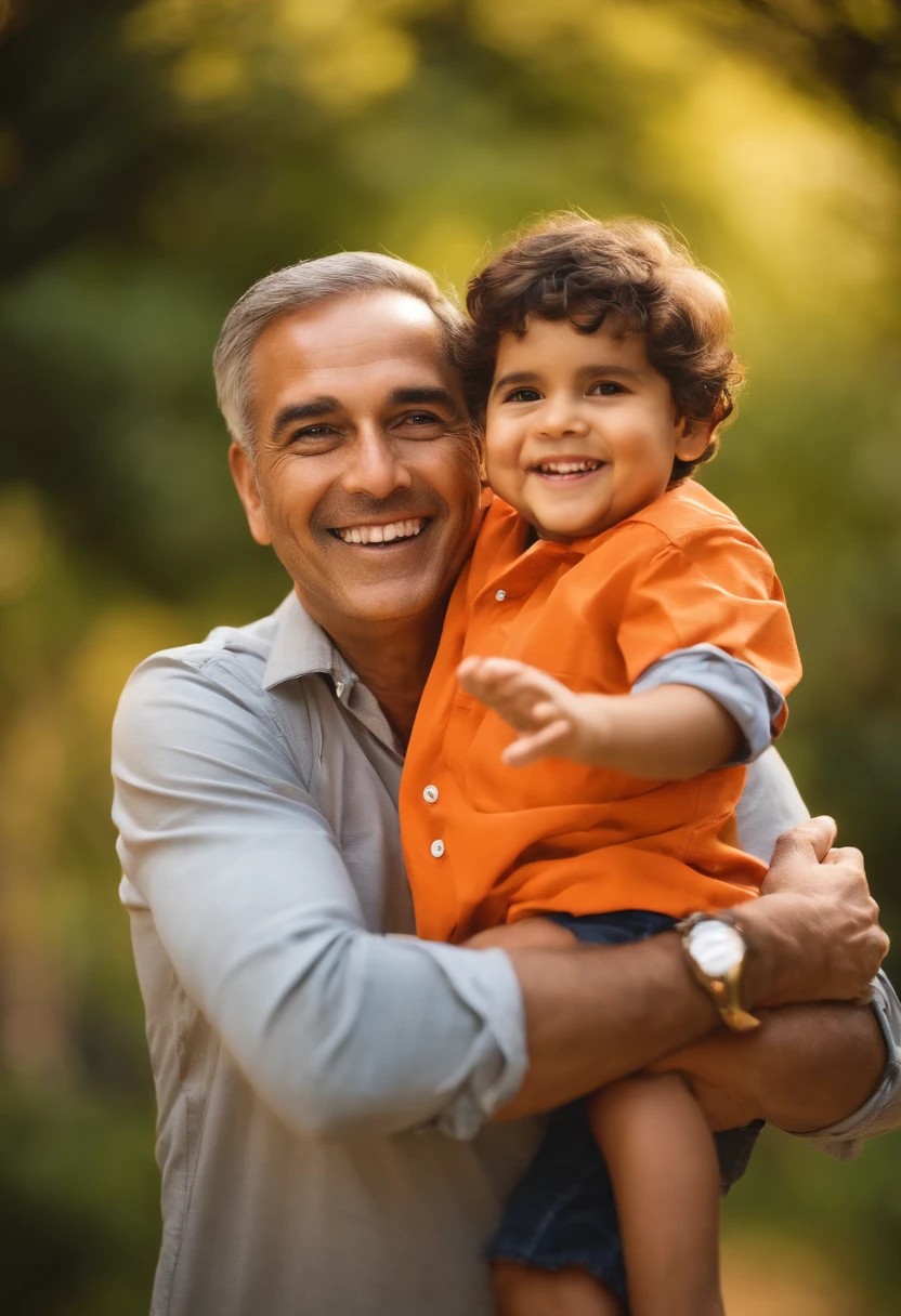 (best quality,highres),father and son wearing orange shirts,smiling,blurred background,warm lighting,lush greenery,soft focus,joyful expressions,beautiful bond,playful atmosphere,authentic emotion,memorable moment,sunny day,vibrant colors,happy faces,warm family connection