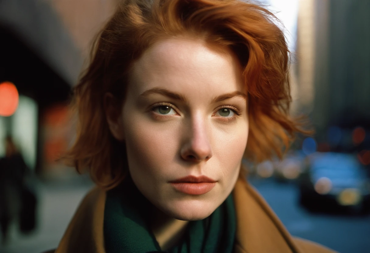 beautiful young woman, 28 year old, short messy hair, ginger hair, floppy hair, straight hair, cold, (investigative journalist:1,5), new york city, Photojournalism, 35mm, Kodak Gold 200, Depth of Field, Materiality