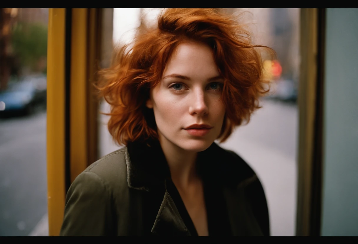 beautiful young woman, 28 year old, short messy hair, ginger hair, floppy hair, straight hair, cold, (investigative journalist:1,5), new york city, Photojournalism, 35mm, Kodak Gold 200, Depth of Field, Materiality