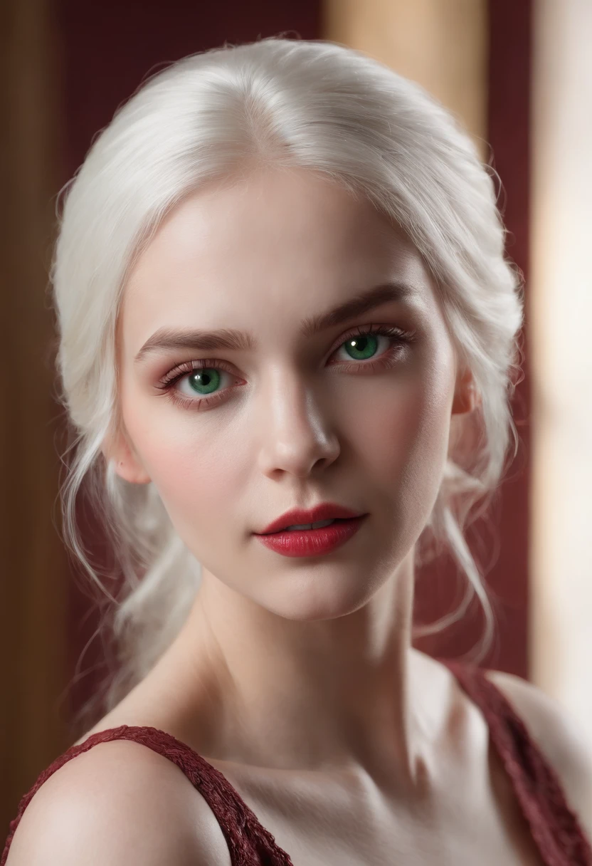(((a deep reddish wound crosses her left cheek))) fair complexion, woman around 19 years old, natural white hair, distinctive green eyes, wearing kohl, slender and graceful, beautiful, candlelight in a medieval setting, ultra sharp focus, realistic shot,l, tetradic colors (scar:1.4), huge tits, nude, pinkish brown nipple