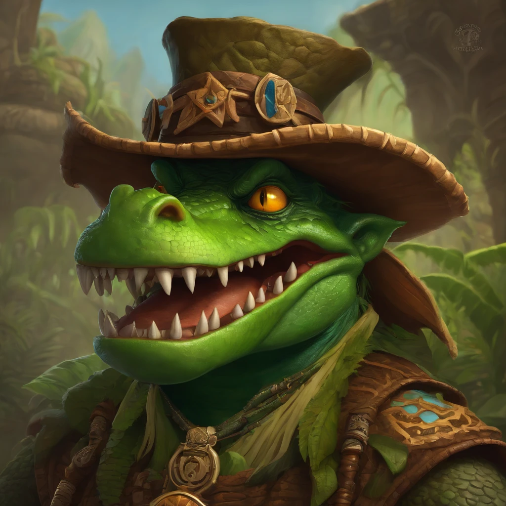 Cartoon of a man with a hat and a green face, alligator shaman, archwizzard in a hat, um pirata goblin, design de personagem monstro, Orc fundido com vRato Fink, Lagarto,