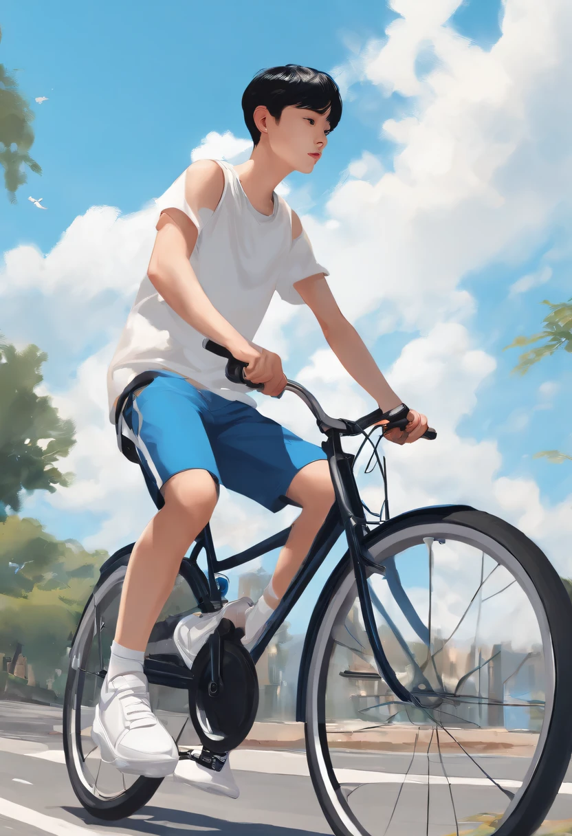 1 boy,Riding on a bike,with short black hair,White top,athletic sneakers,blue-sky,baiyun,Dove