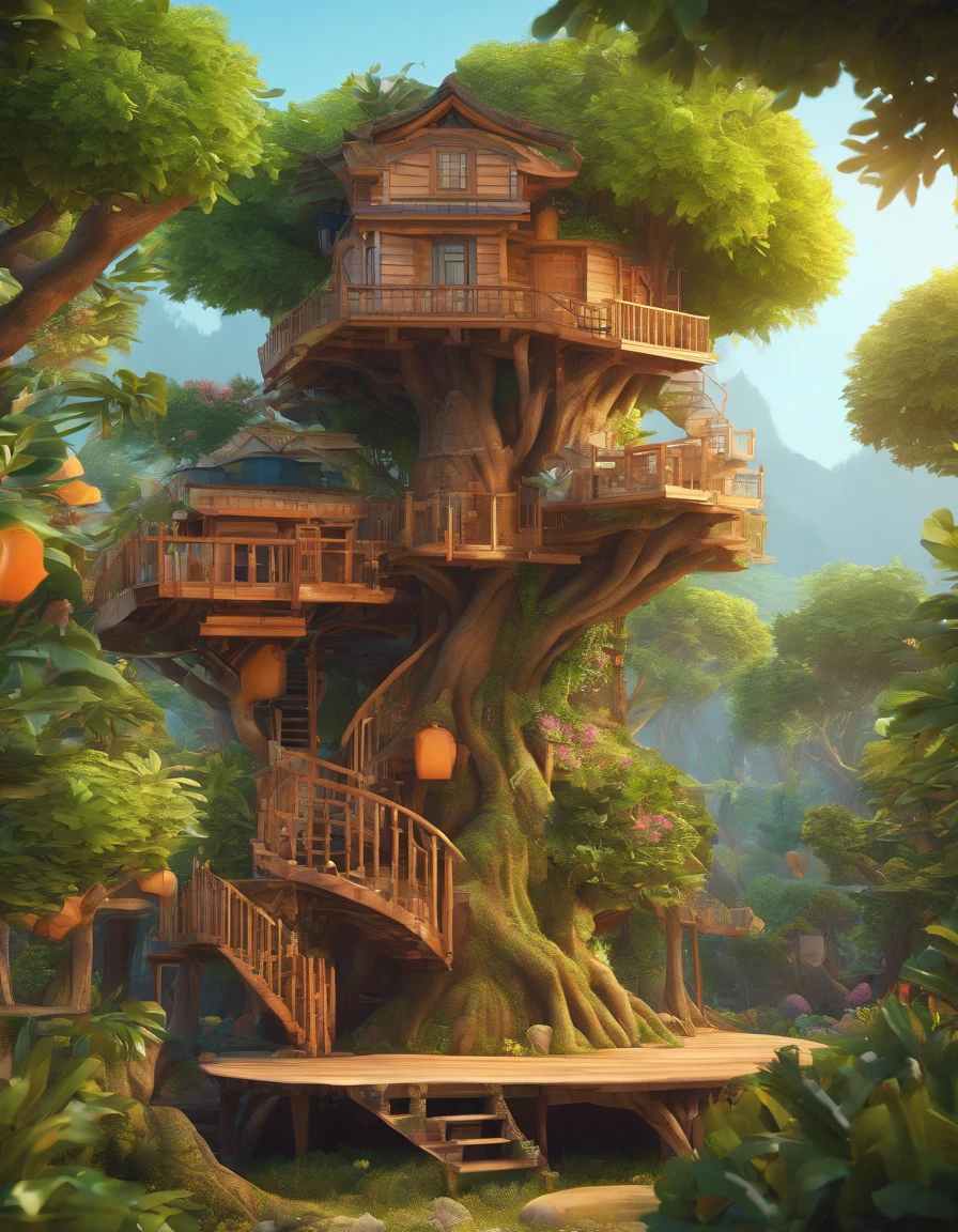 there is a tree house with a staircase and a tree in the middle, bonsai tree house, tree house, highly detailed illustration, tree town, treehouse, intricate detailed illustration, surreal + highly detailed, cyberpunk tree house, highly detailed digital artwork, best of behance, very detailed illustration, high detailed illustration, floral jungle treehouse, detailed intricate illustration, intricate 3 d illustration,3d style ,Clean background, Good gloss, 3D rendering of,Best quality