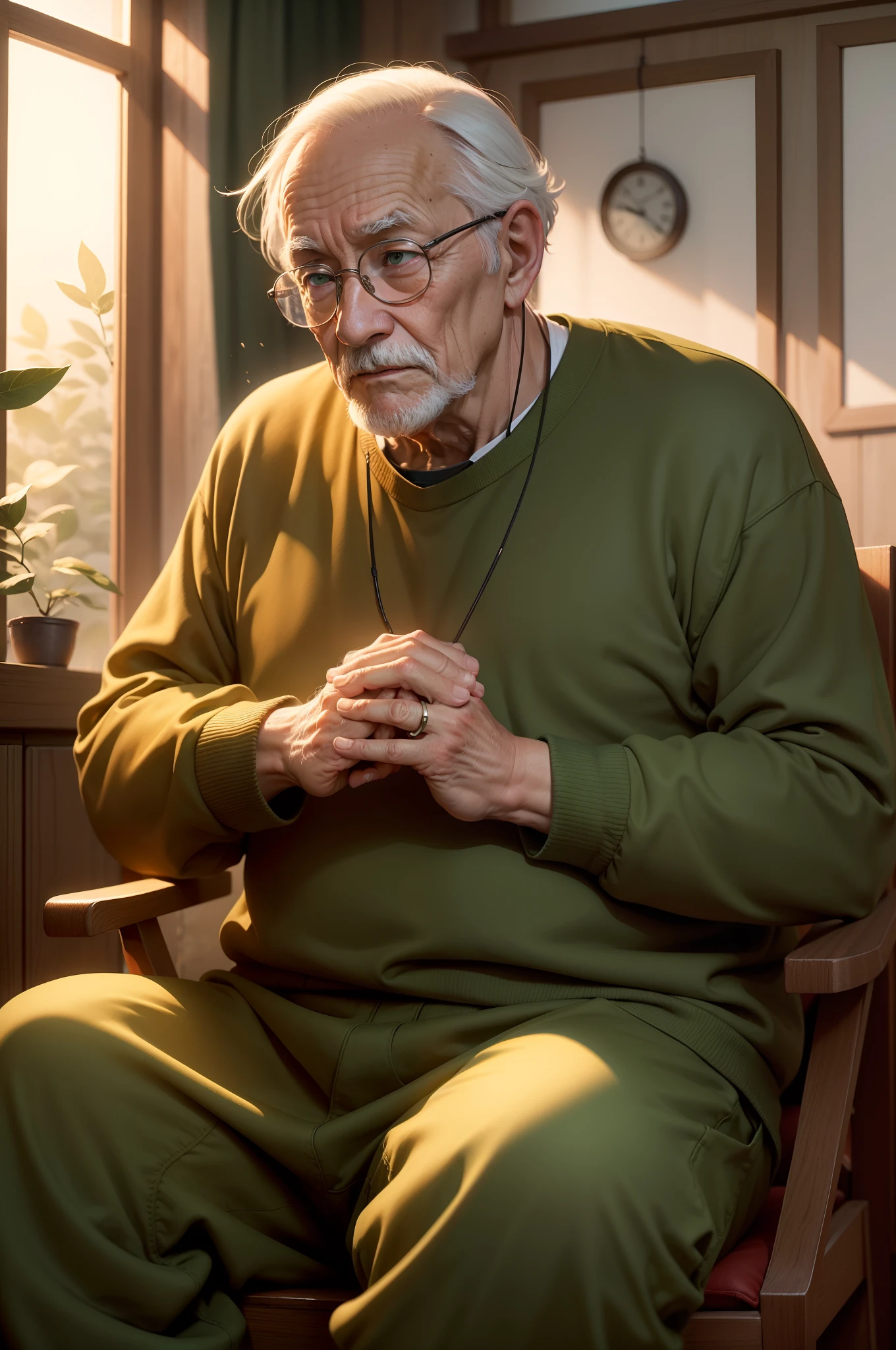 An old man, with round glasses, in a green sweatshirt, brown pants, praying with much fervor and glory, in a calm and tranquil environment