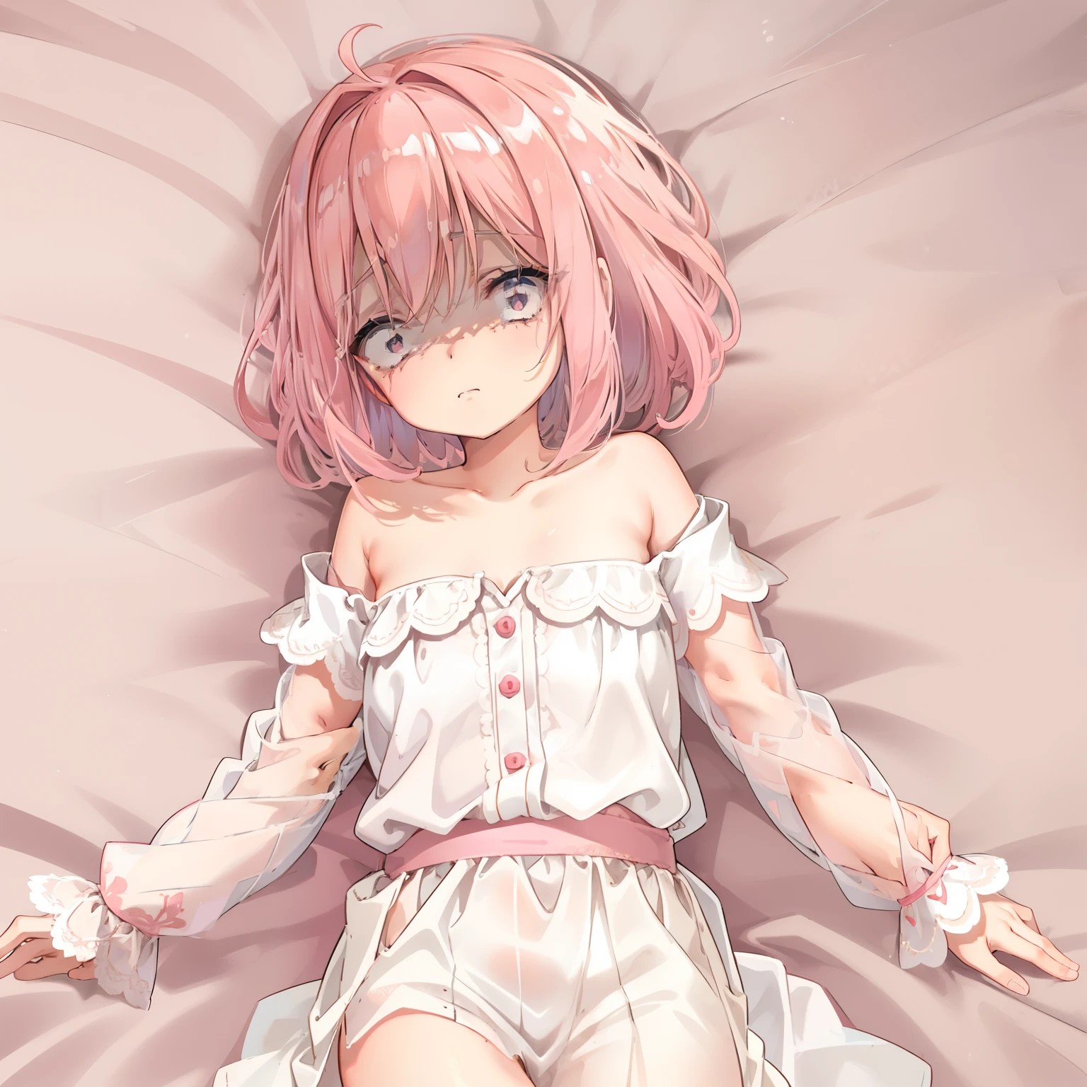 Una chica de cabello rosado, asuatada, , Small, Small body, tendida en la cama , primaria,pelo rosa corto,(cabello corto color rosa) esta en la cama , en la cama esta acostada gritado