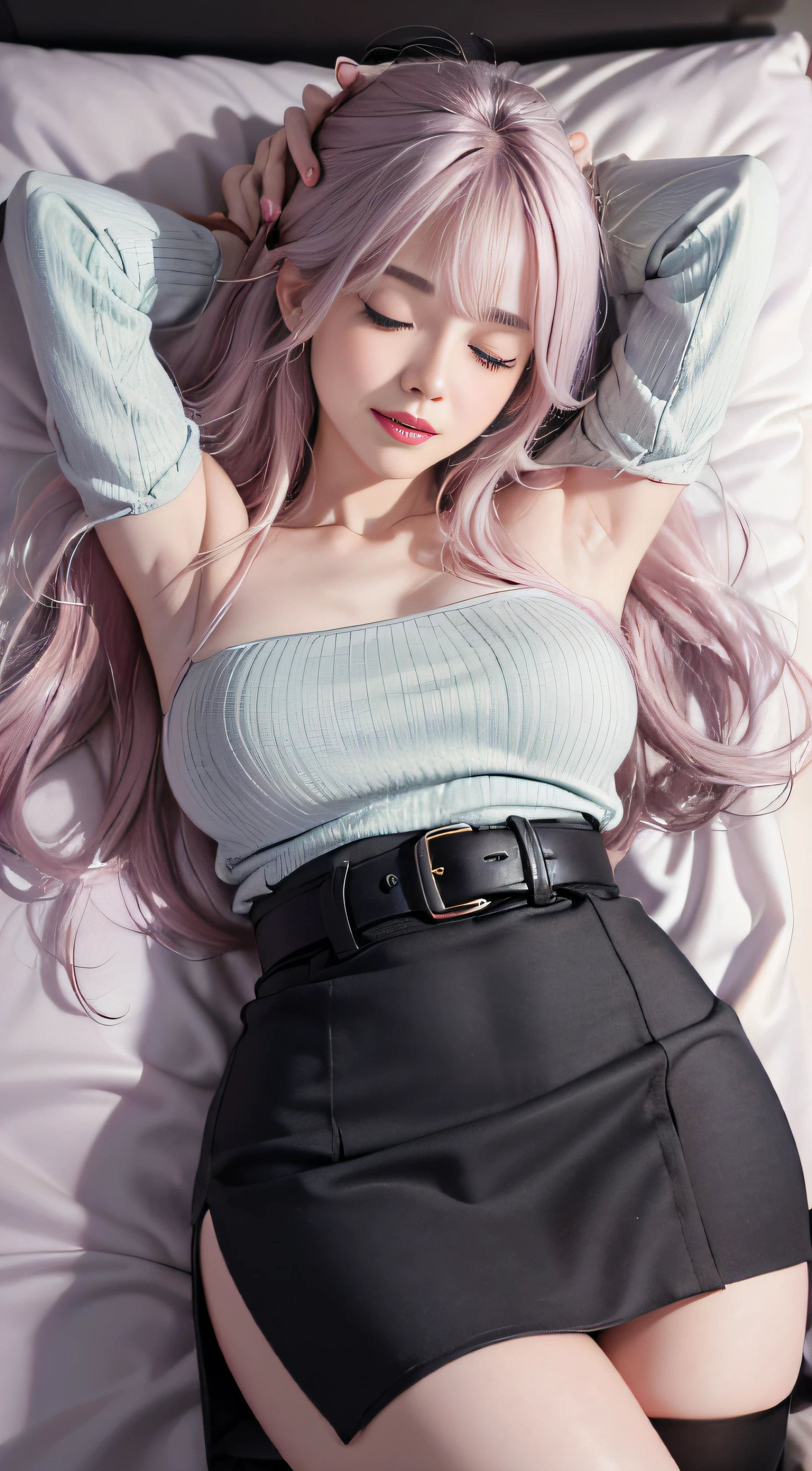 （Woman lying on bed）1 girl, Silver hair, striated hair, Bangs, Blunt bangs, Long hair, Pink hair, aqua eyes, ((Eyes closed)）, makeup, Smile, Parted lips, Realism, Verism, surrealism, depth of fields, One-person viewpoint, F/1.8, 135 mm, canon, nffsw, retinas, masutepiece, ccurate, Anatomically correct, Textured skin, Super Detail, high details, High quality, Best Quality, hight resolution, 1080p, hard disk, 4K, 8K、（Coarse short sweater）chest hanging from shoulders、off shoulder tight skirt