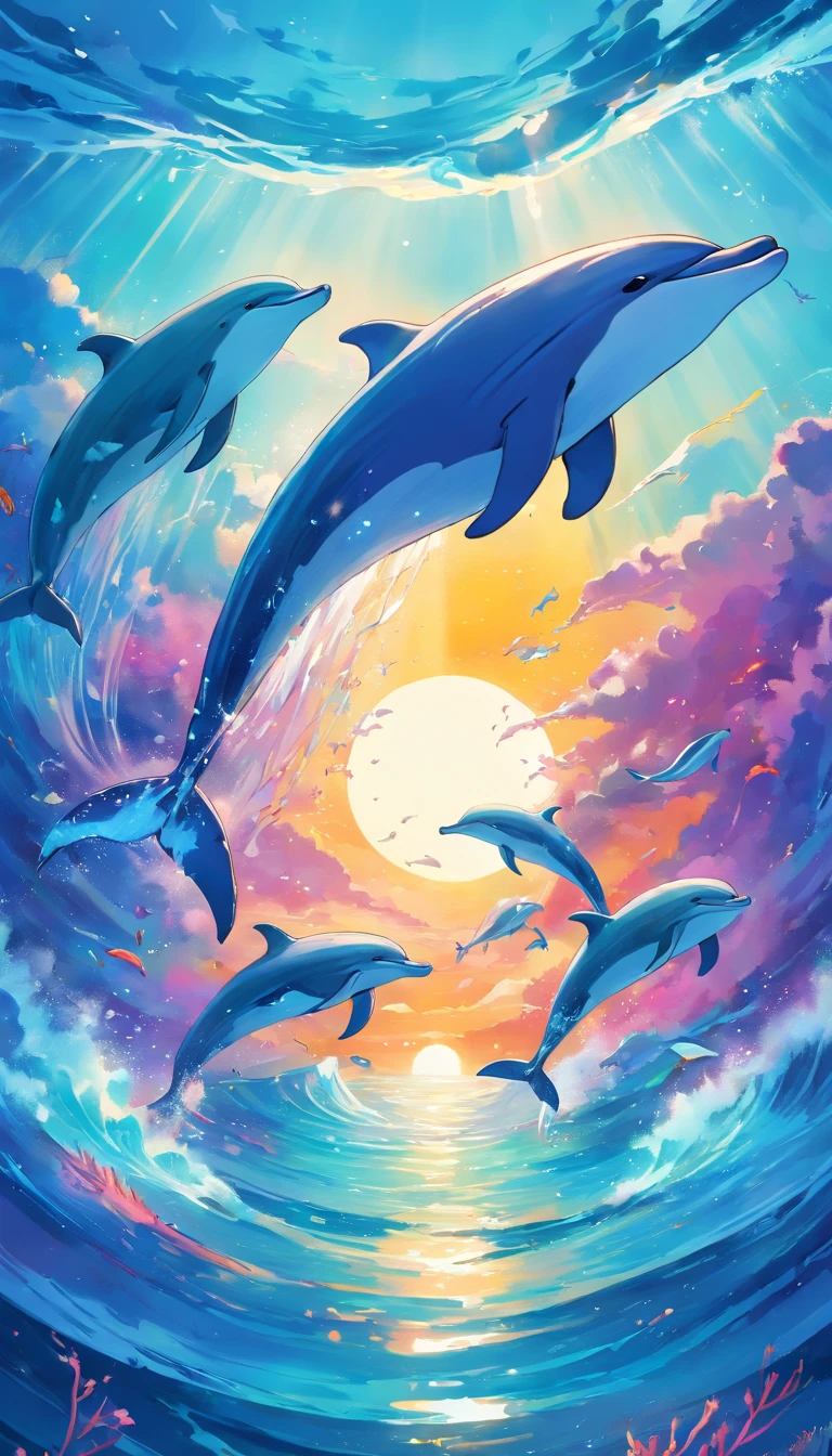 Painting of a flock of dolphins swimming in a colorful sea, Look up at the composition,sky whales, inspired by Cyril Rolando, dreamy psychedelic anime, colorful anime movie background, a beautiful artwork illustration, Authors:Sitao, colorful concept art, makoto shinkai cyril rolando, in style of cyril rolando, flying whales, High Definition Watercolor 8K, highly detailed watercolor 8 K,octane,Fine,Realistic,8K,Shinkai Makoto style( Reasonable design, Clear lines, High Sharpness,Best Quality, Very detailed, masutepiece, Movie Light Effects, 4K )