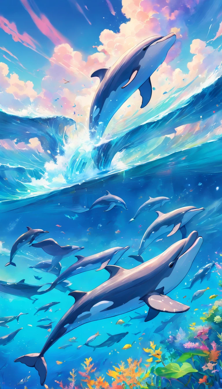Painting of a flock of dolphins swimming in a colorful sea, Look up at the composition,sky whales, inspired by Cyril Rolando, dreamy psychedelic anime, colorful anime movie background, a beautiful artwork illustration, Authors:Sitao, colorful concept art, makoto shinkai cyril rolando, in style of cyril rolando, flying whales, High Definition Watercolor 8K, highly detailed watercolor 8 K,octane,Fine,Realistic,8K,Shinkai Makoto style( Reasonable design, Clear lines, High Sharpness,Best Quality, Very detailed, masutepiece, Movie Light Effects, 4K )