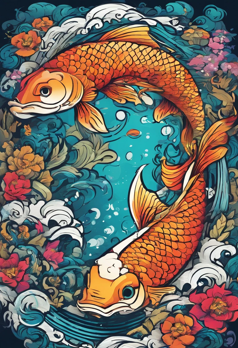 There are two fish swimming in the water in a circular picture, a beautiful artwork illustration, full color illustration, Chinese style painting, moonlight fisheye illustrator, dragon gate background with dragon gate above the middle, underwater temple with fish, Japanese style painting, Pisces, koi fish, stylized digital illustration, koi fish, fish swimming, chinese fantasy, ( ( ( koi color) ) ) country style animation, sea waves, colorful round badge