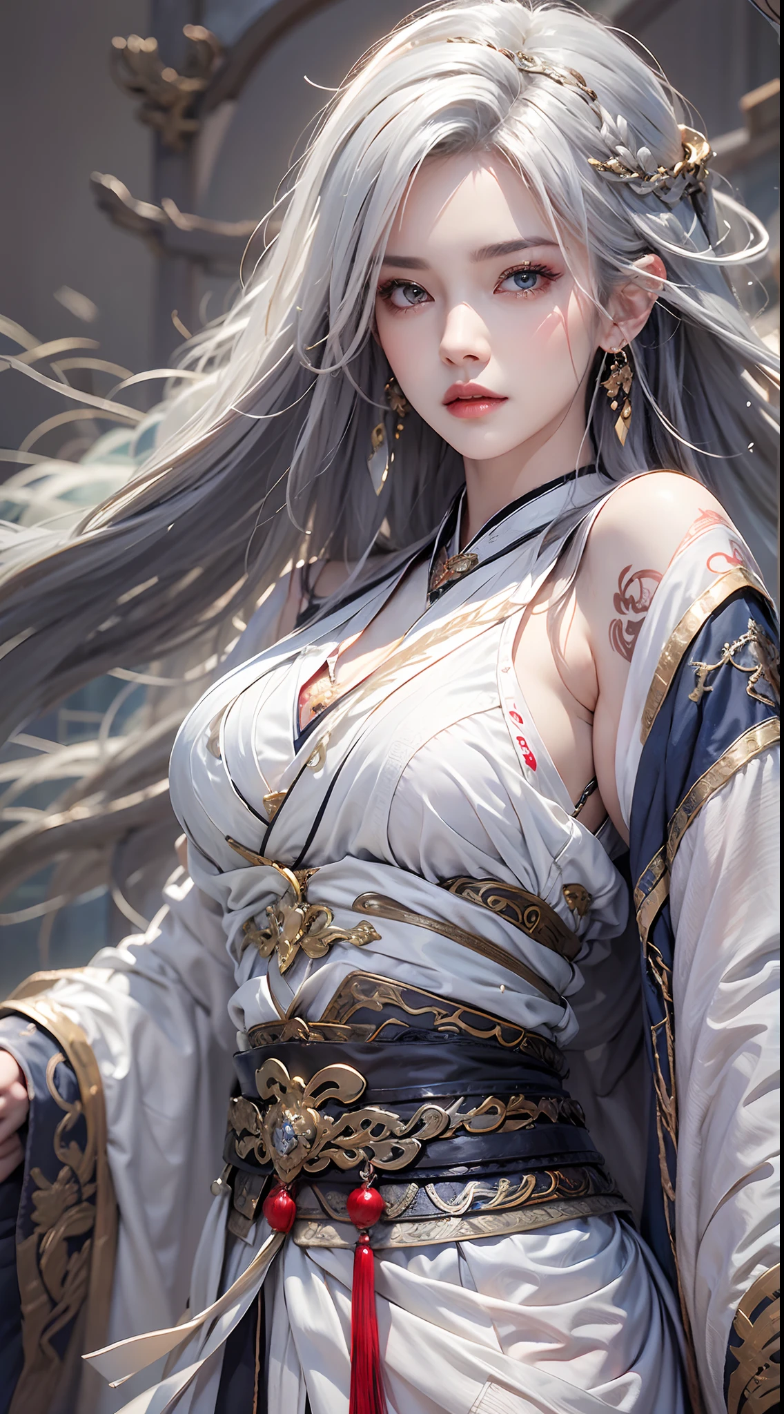 Photorealistic, high resolution, 1 woman, hips up, Beautiful eyes, Long hair, ringed eyes, jewelry, tattoo, hanfu, Chinese general, white hair