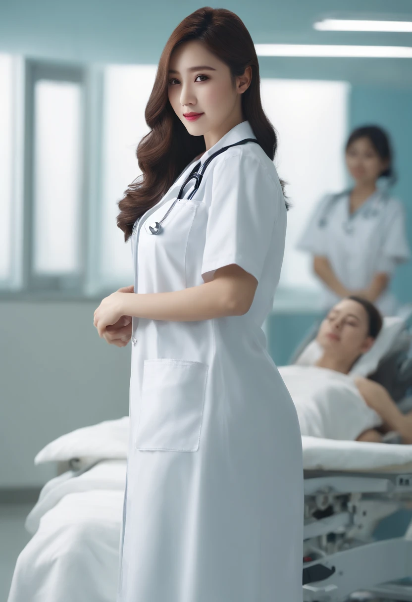 ( (8K:1.27)、top-quality、​masterpiece、超A high resolution:1.2)、crouching down、I can almost see my chest、White nurse uniform、A dark-haired、Long straight hair、huge tit、In the hospital、Hospital Room
