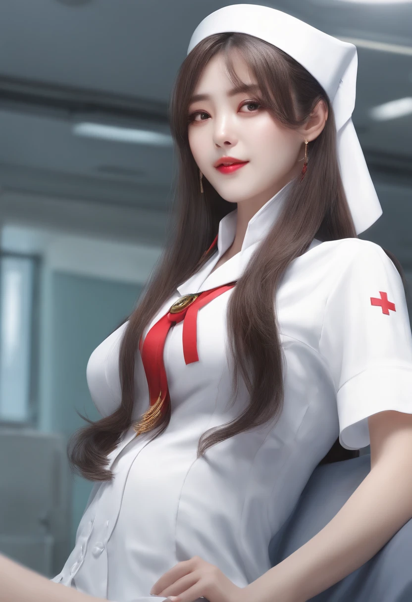 ( (8K:1.27)、top-quality、masterpiece、超A high resolution:1.2)、crouching down、I can almost see my chest、White nurse uniform、A dark-haired、Long straight hair、huge tit、In the hospital、Hospital Room