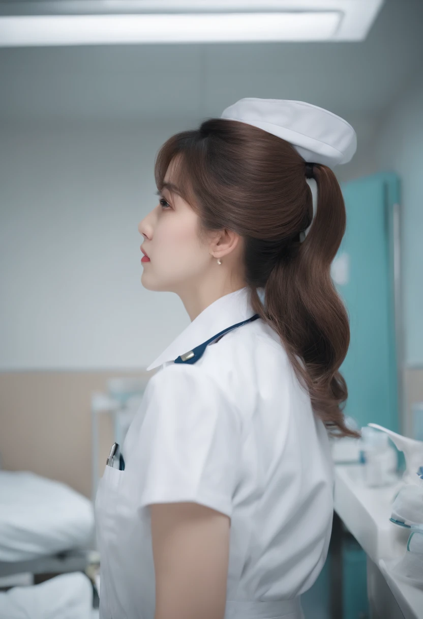 ( (8K:1.27)、top-quality、​masterpiece、超A high resolution:1.2)、crouching down、I can almost see my chest、White nurse uniform、A dark-haired、Long straight hair、huge tit、In the hospital、Hospital Room