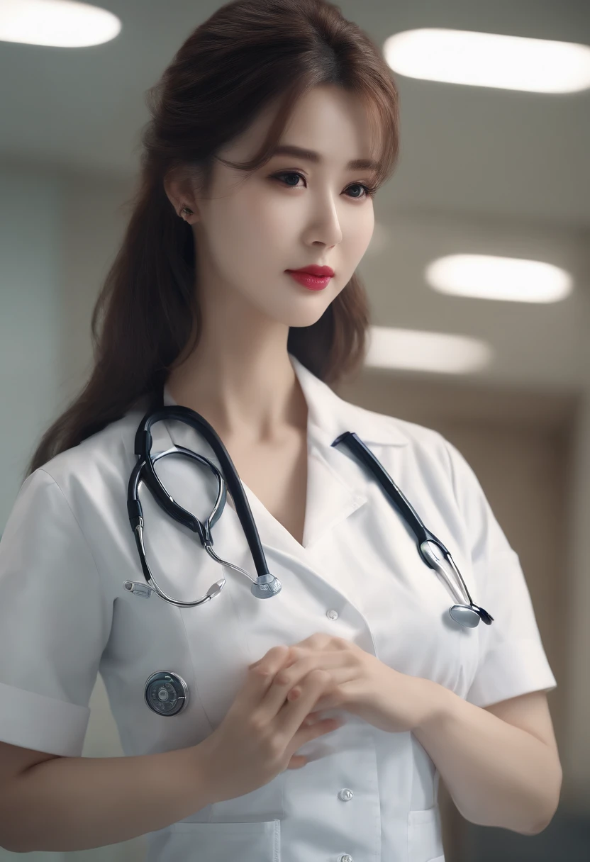 ( (8K:1.27)、top-quality、masterpiece、超A high resolution:1.2)、crouching down、I can almost see my chest、White nurse uniform、A dark-haired、Long straight hair、huge tit、In the hospital、Hospital Room