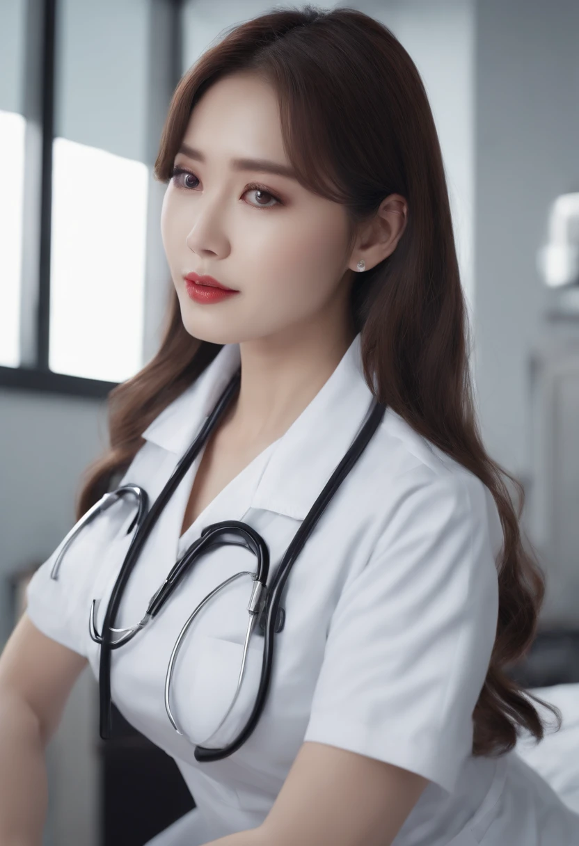 ( (8K:1.27)、top-quality、​masterpiece、超A high resolution:1.2)、crouching down、I can almost see my chest、White nurse uniform、A dark-haired、Long straight hair、huge tit、In the hospital、Hospital Room