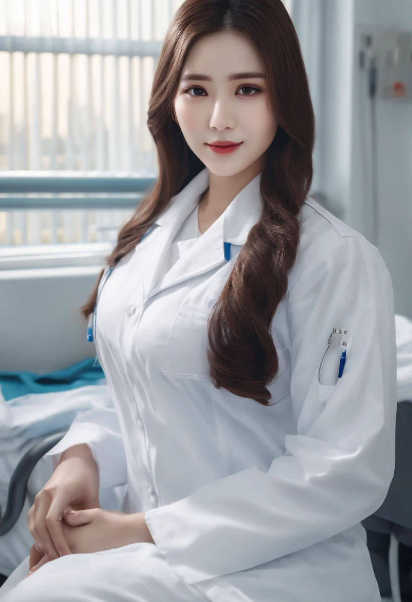 ( (8K:1.27)、top-quality、masterpiece、超A high resolution:1.2)、crouching down、I can almost see my chest、White nurse uniform、A dark-haired、Long straight hair、huge tit、In the hospital、Hospital Room