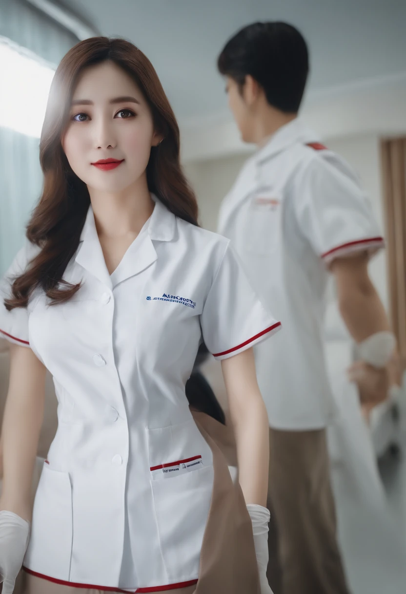 ( (8K:1.27)、top-quality、masterpiece、超A high resolution:1.2)、crouching down、I can almost see my chest、White nurse uniform、A dark-haired、Long straight hair、huge tit、In the hospital、Hospital Room