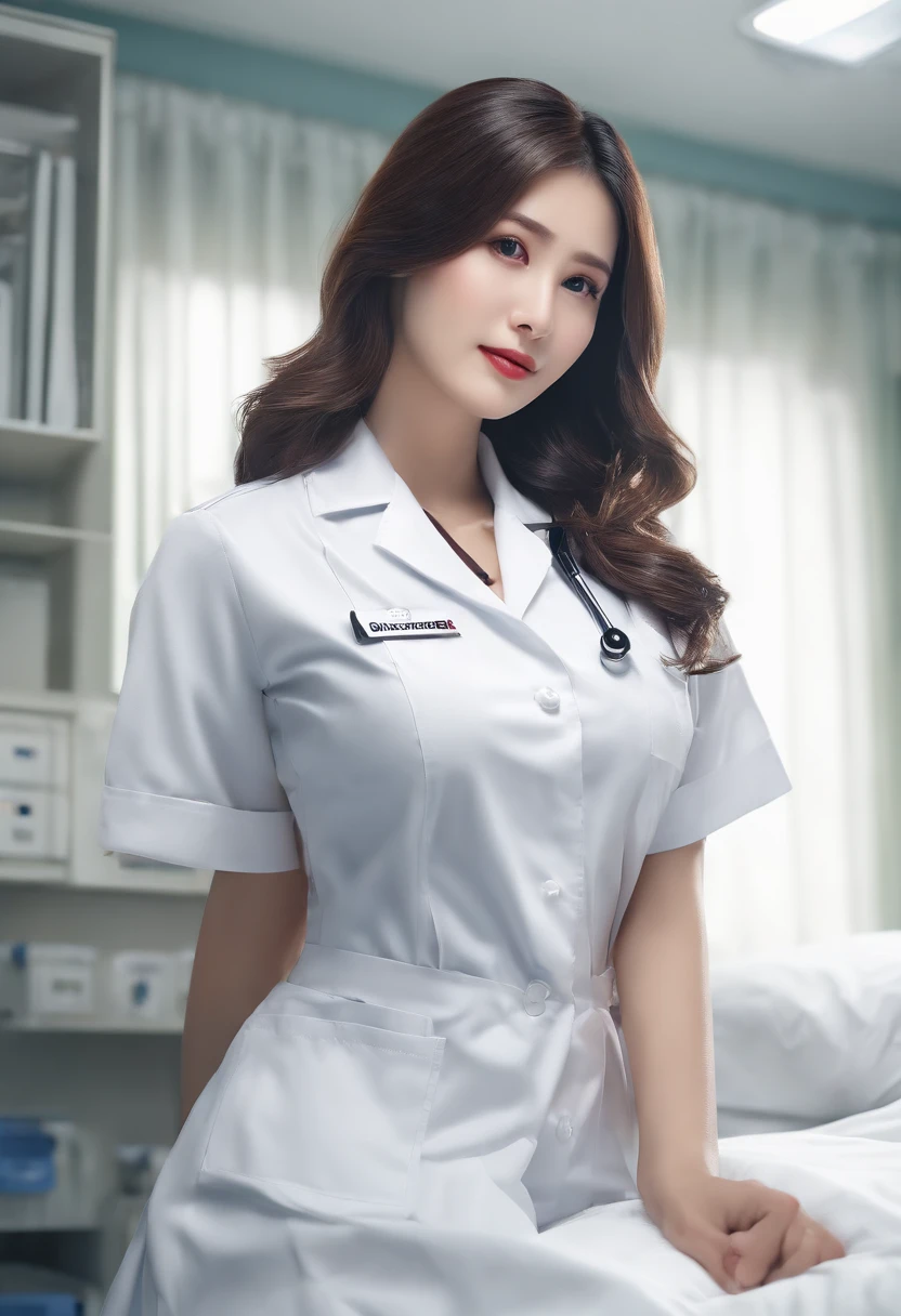 ( (8K:1.27)、top-quality、masterpiece、超A high resolution:1.2)、crouching down、I can almost see my chest、White nurse uniform、A dark-haired、Long straight hair、huge tit、In the hospital、Hospital Room