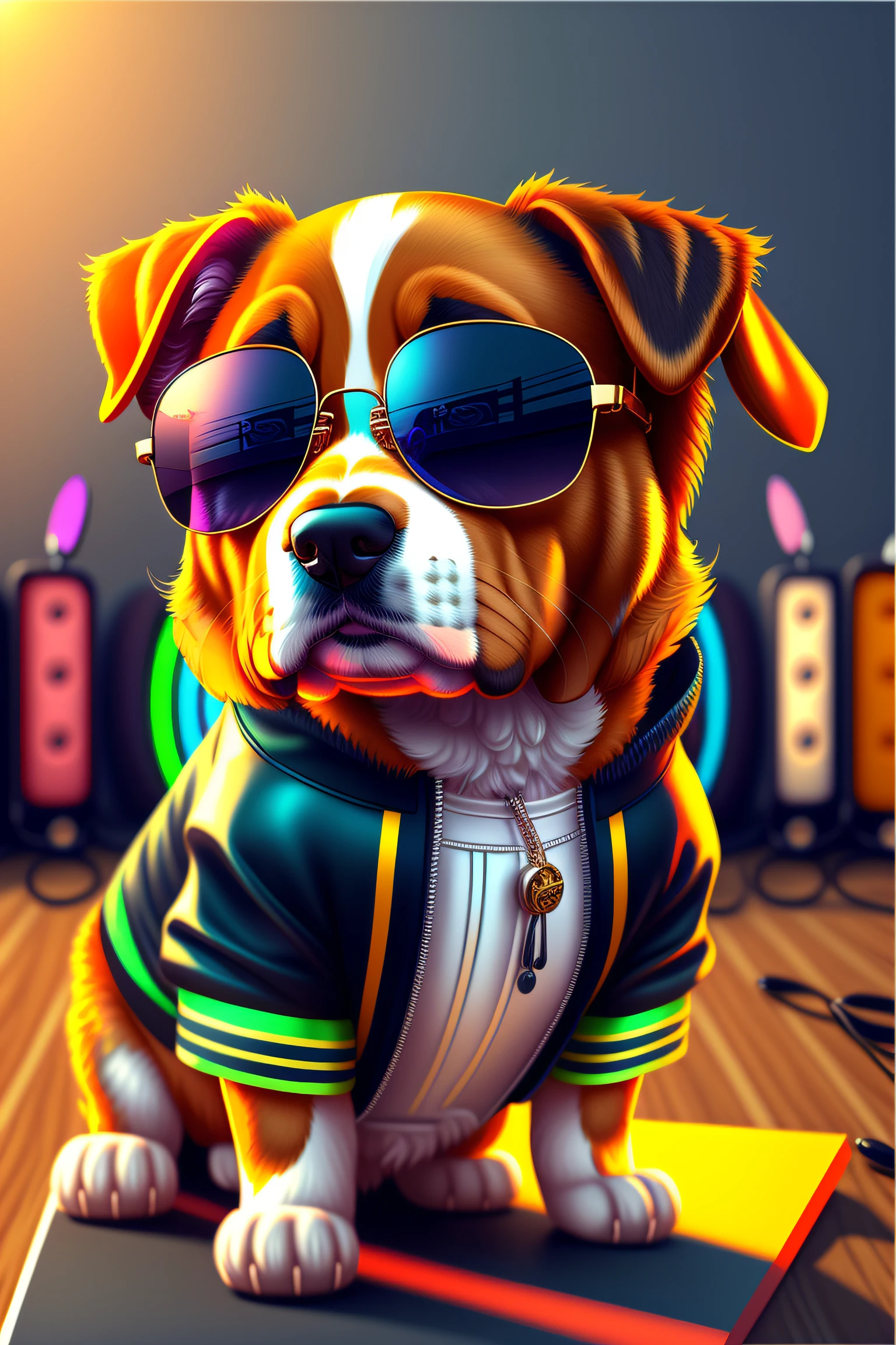 Image of a dog in stylish clothes and stylish sunglasses，Art Station trend，Wear DJ clothes，Ultra-realistic detailed rendering，rock music，Rock puppy