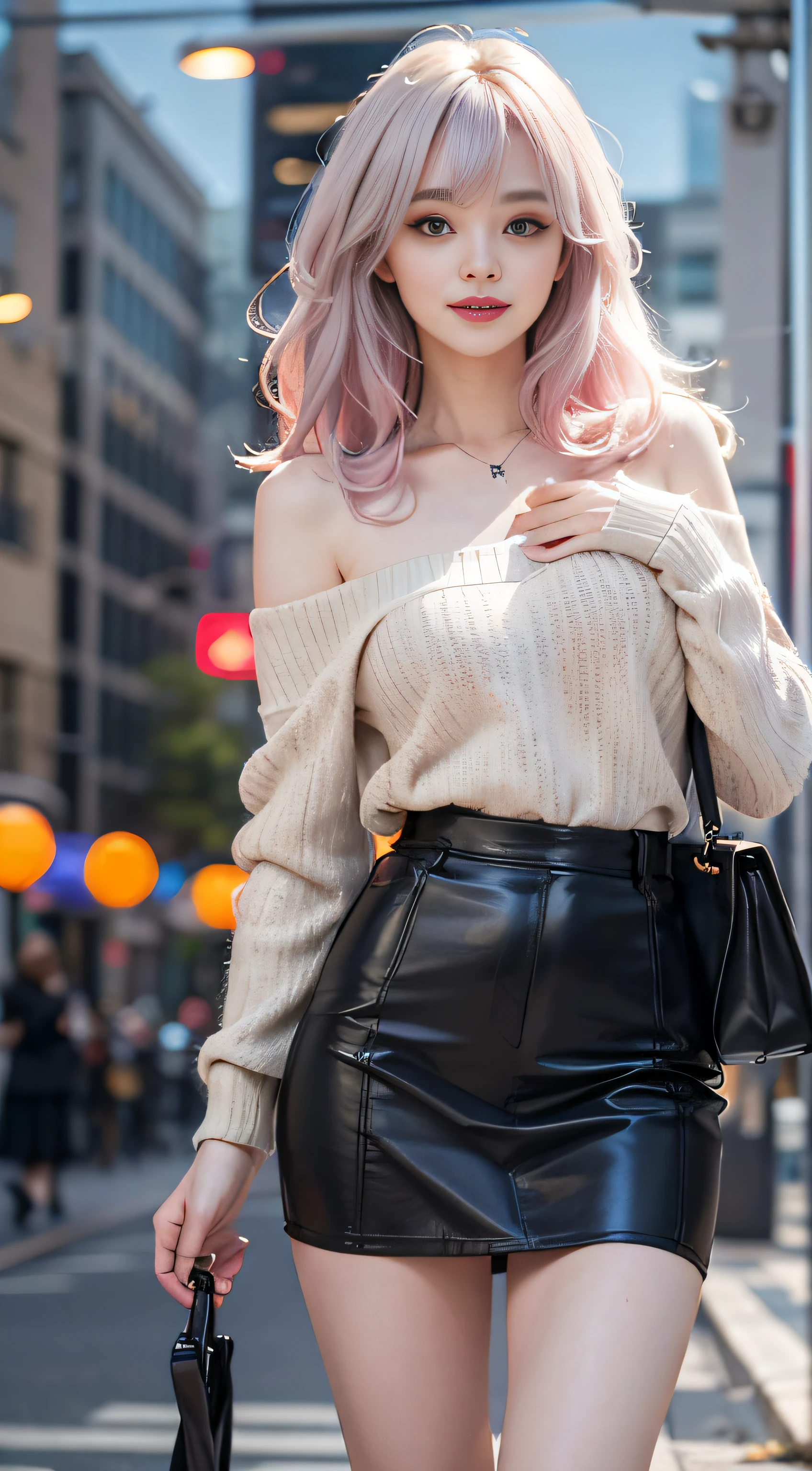 (Woman Standing In Office District)1 girl, Silver hair, striated hair, Bangs, Blunt bangs, Long hair, Pink hair, aqua eyes, longeyelashes, Purple eyes, makeup, Smile, Parted lips, Realism, Verism, surrealism, depth of fields, One-person viewpoint, F/1.8, 135 mm, canon, nffsw, retinas, masutepiece, ccurate, Anatomically correct, Textured skin, Super Detail, high details, High quality, Best Quality, hight resolution, 1080p, hard disk, 4K, 8K Le, (Coarse short sweater)Floats off the shoulders、off shoulders、Black tight skirt、