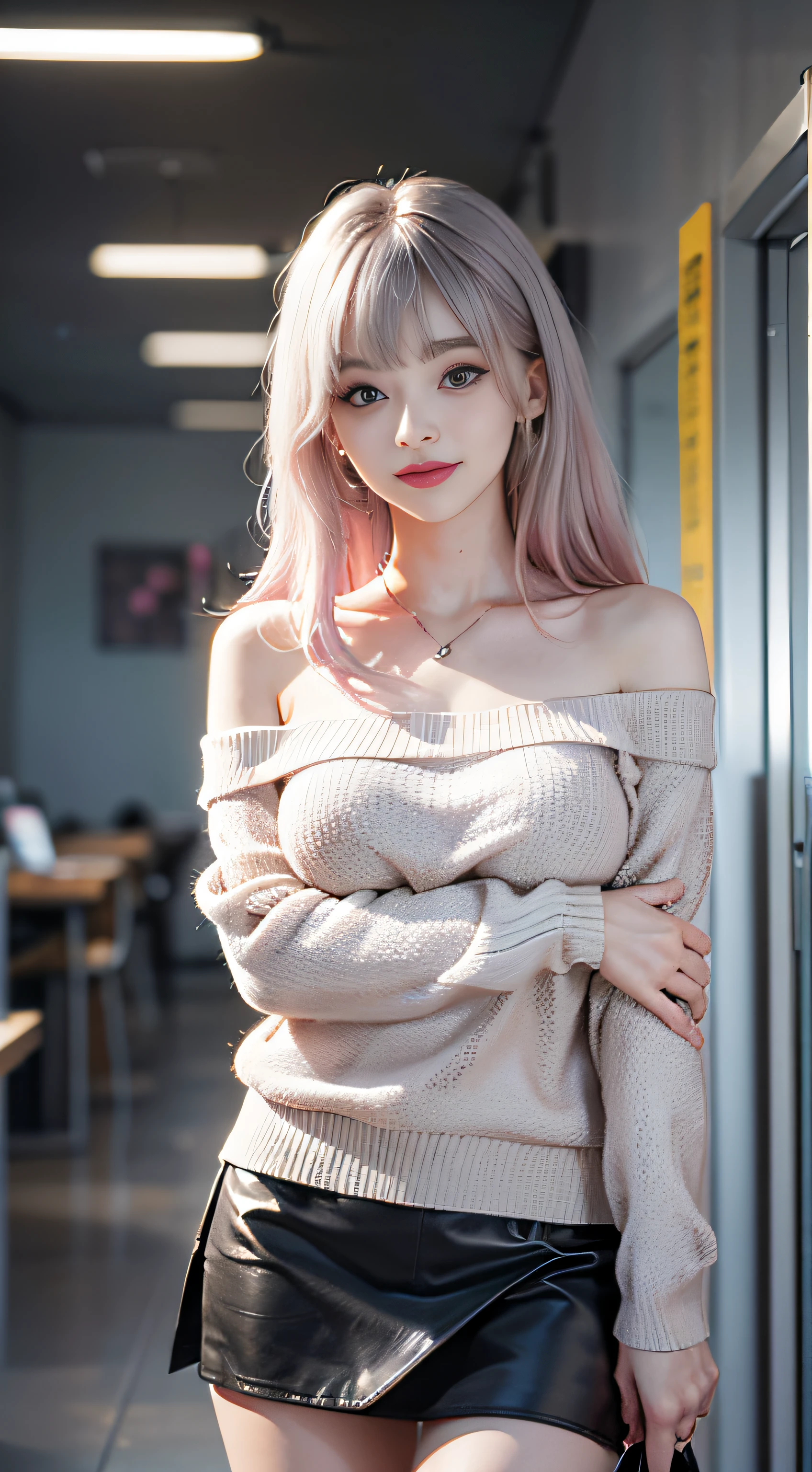 (Woman Standing In Office District)1 girl, Silver hair, striated hair, Bangs, Blunt bangs, Long hair, Pink hair, aqua eyes, longeyelashes, Purple eyes, makeup, Smile, Parted lips, Realism, Verism, surrealism, depth of fields, One-person viewpoint, F/1.8, 135 mm, canon, nffsw, retinas, masutepiece, ccurate, Anatomically correct, Textured skin, Super Detail, high details, High quality, Best Quality, hight resolution, 1080p, hard disk, 4K, 8K Le, (Coarse short sweater)Floats off the shoulders、off shoulders、Black tight skirt、
