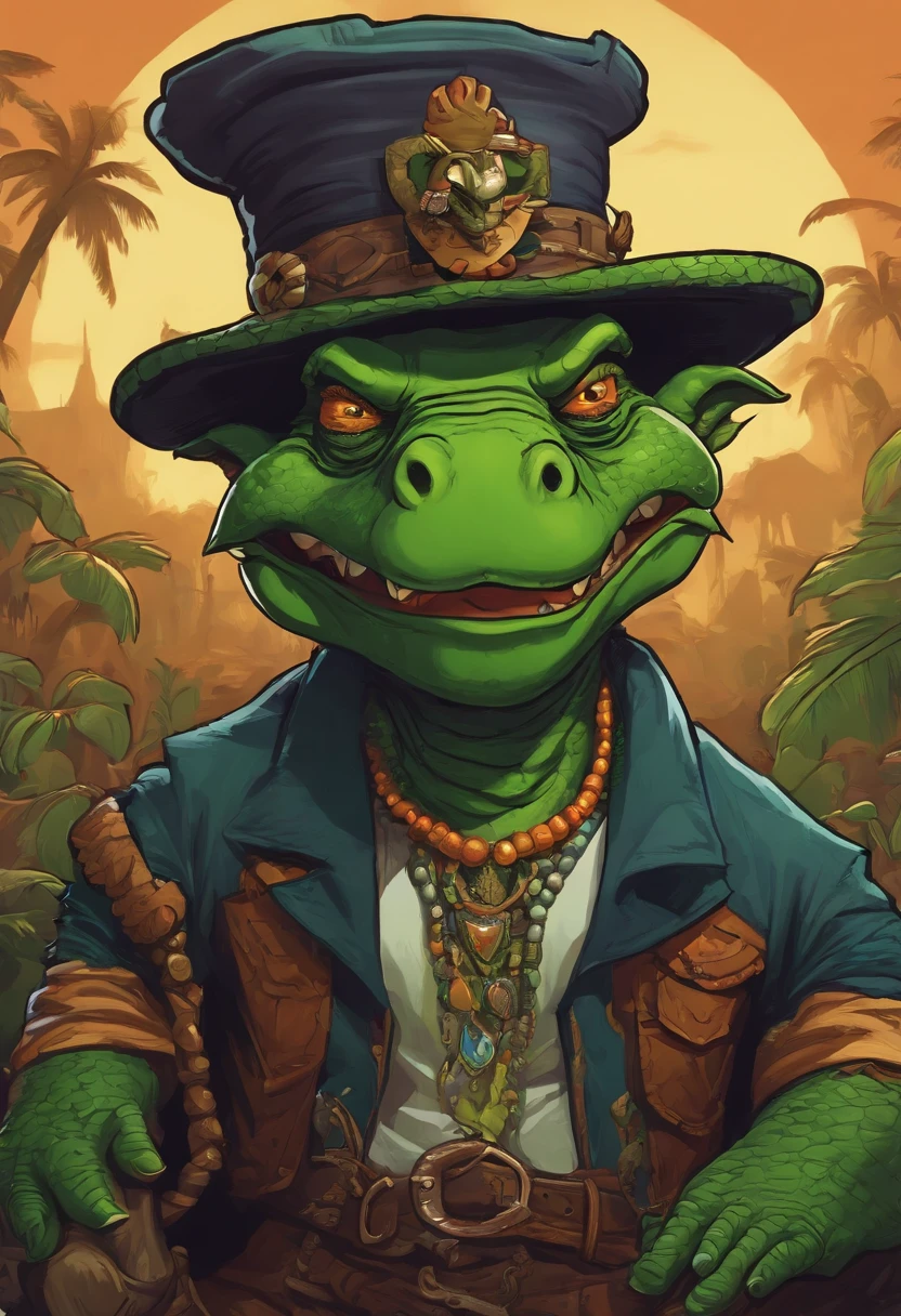 Cartoon of a man with a hat and a green face, alligator shaman, archwizzard in a hat, um pirata goblin, das, Estilo Rato Fink, Lagarto,