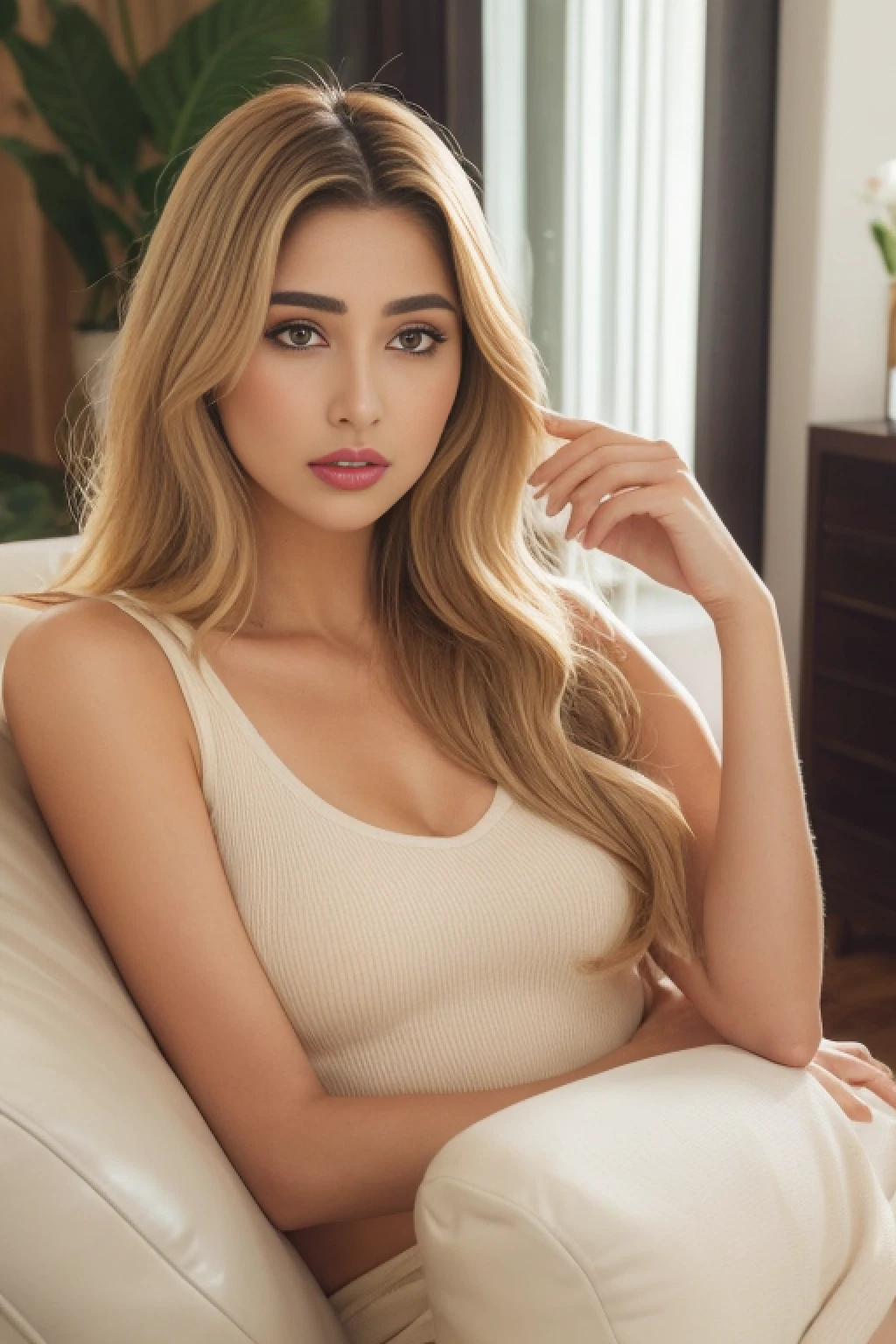 arafed woman posing for the camera in sunny living room while doing her makeup, a portrait inspired by Gina Pellón, instagram, tachisme, violet myers, lorena avarez, olivia culpo, alanis guillen, looks like laura barriales, portrait sophie mudd, tanned ameera al taweel, beautiful indian woman, blonde hair