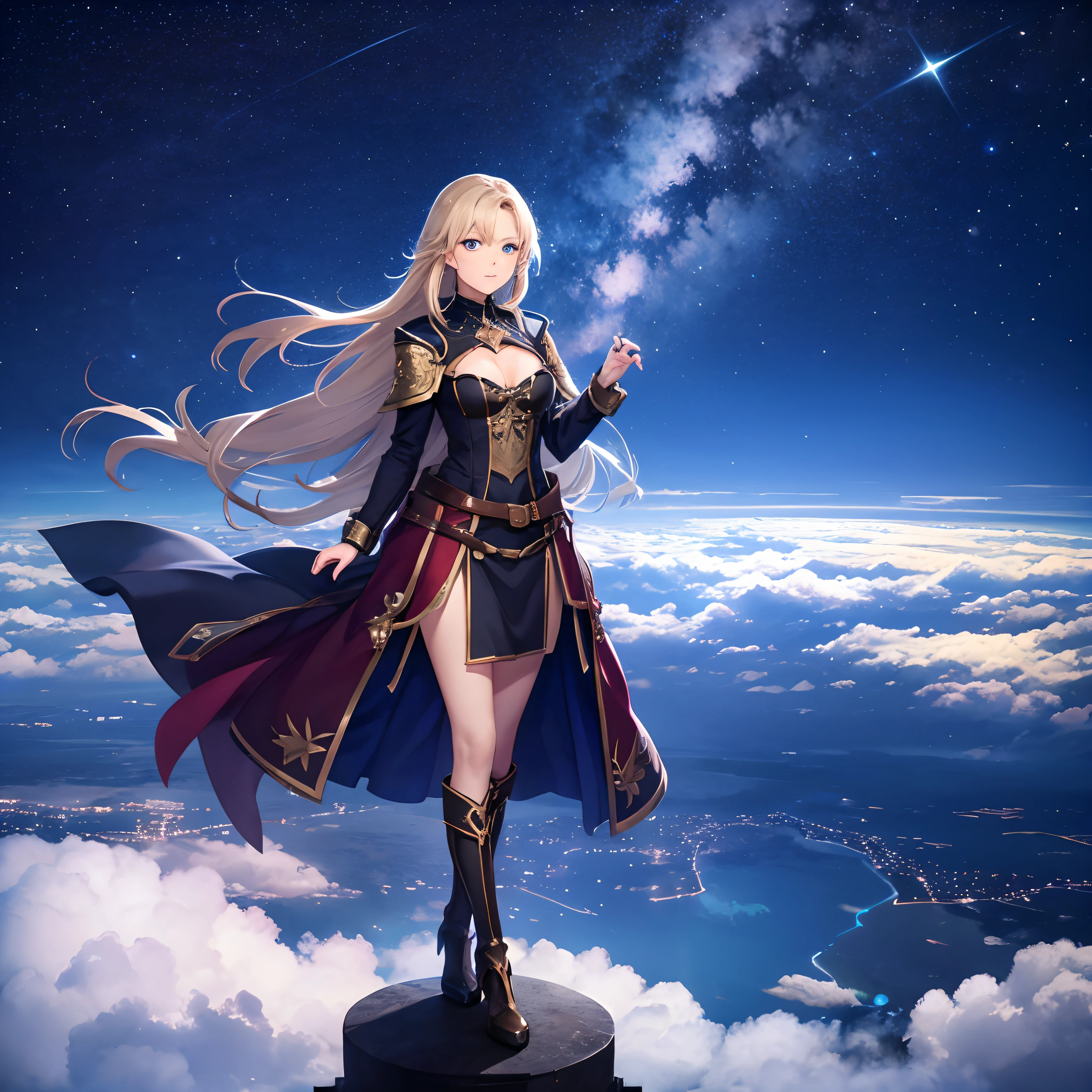 A beautiful gitl stands at a top of skycraper with a beautiful scene of the night, sky of stars, clouds,