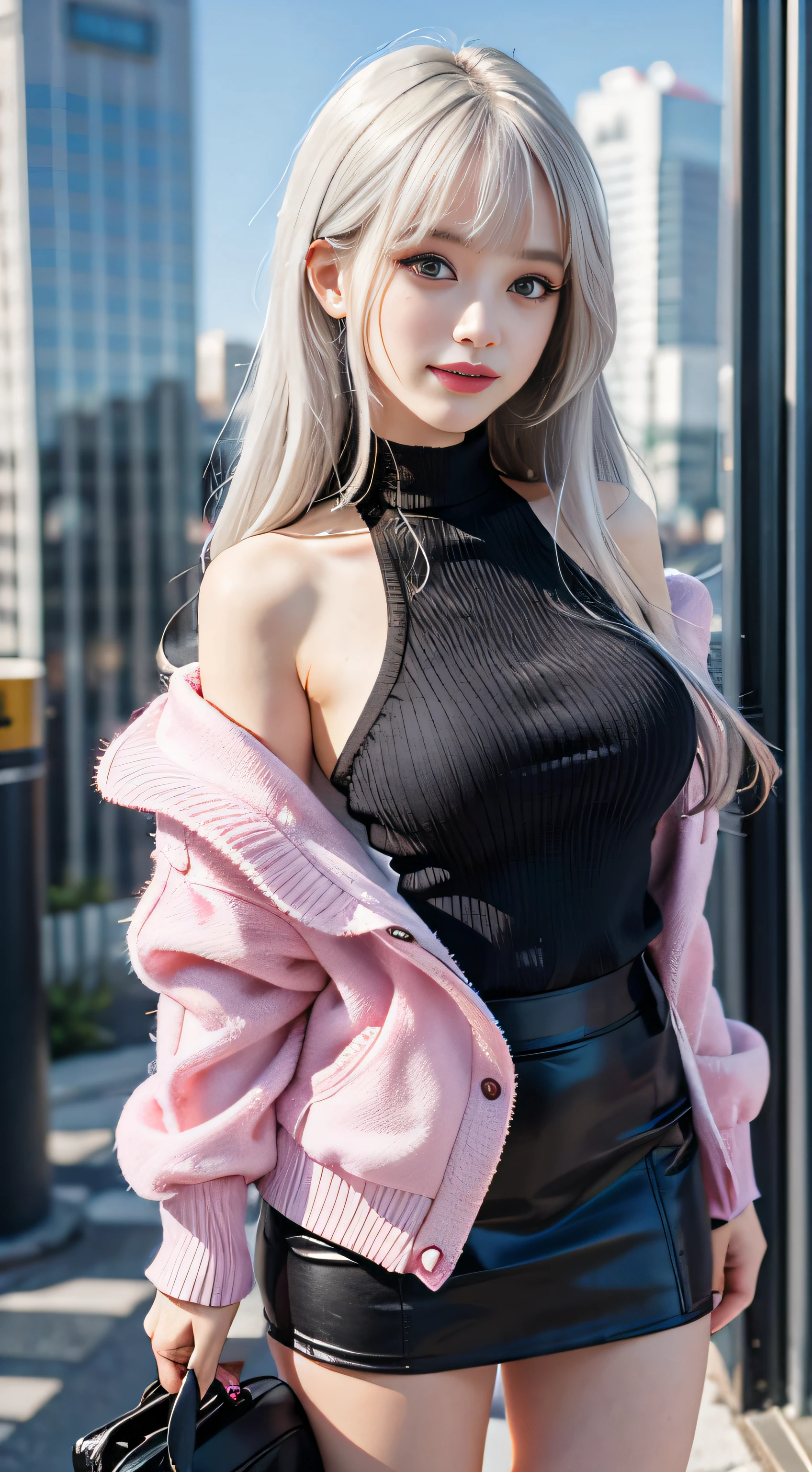 （Woman Standing In Office District）1 girl, Silver hair, striated hair, Bangs, Blunt bangs, Long hair, Pink hair, aqua eyes, longeyelashes, Purple eyes, makeup, Smile, Parted lips, Realism, Verism, surrealism, depth of fields, One-person viewpoint, F/1.8, 135 mm, canon, nffsw, retinas, masutepiece, ccurate, Anatomically correct, Textured skin, Super Detail, high details, High quality, Best Quality, hight resolution, 1080p, hard disk, 4K, 8K, （whitish coarse short sweater,）Floats off the shoulders、off shoulders、Black tight skirt、