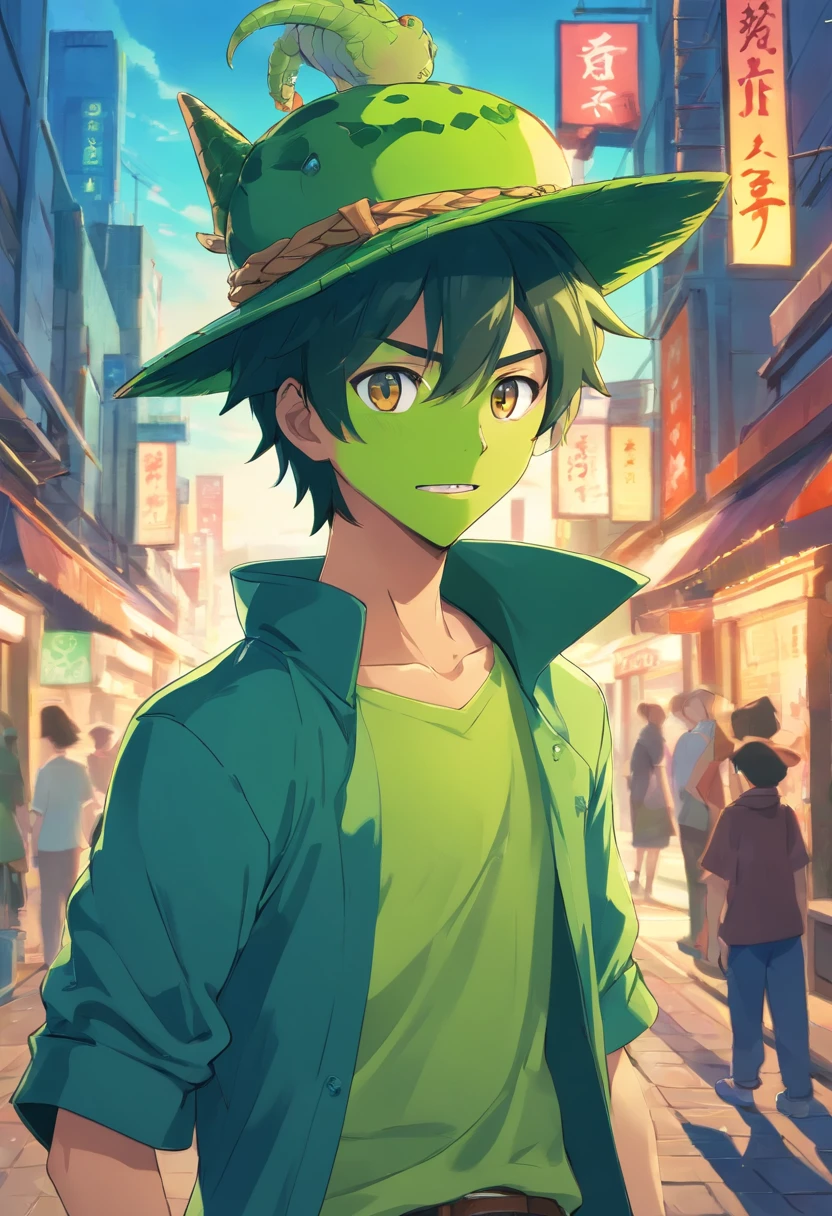Cartoon of a man with a hat and a green face, alligator shaman, archwizzard in a hat, um pirata goblin, design de personagem monstro, Orc fundido com videiras, Estilo Rato Fink, Lagarto, Criatura da loucura, retrato verde