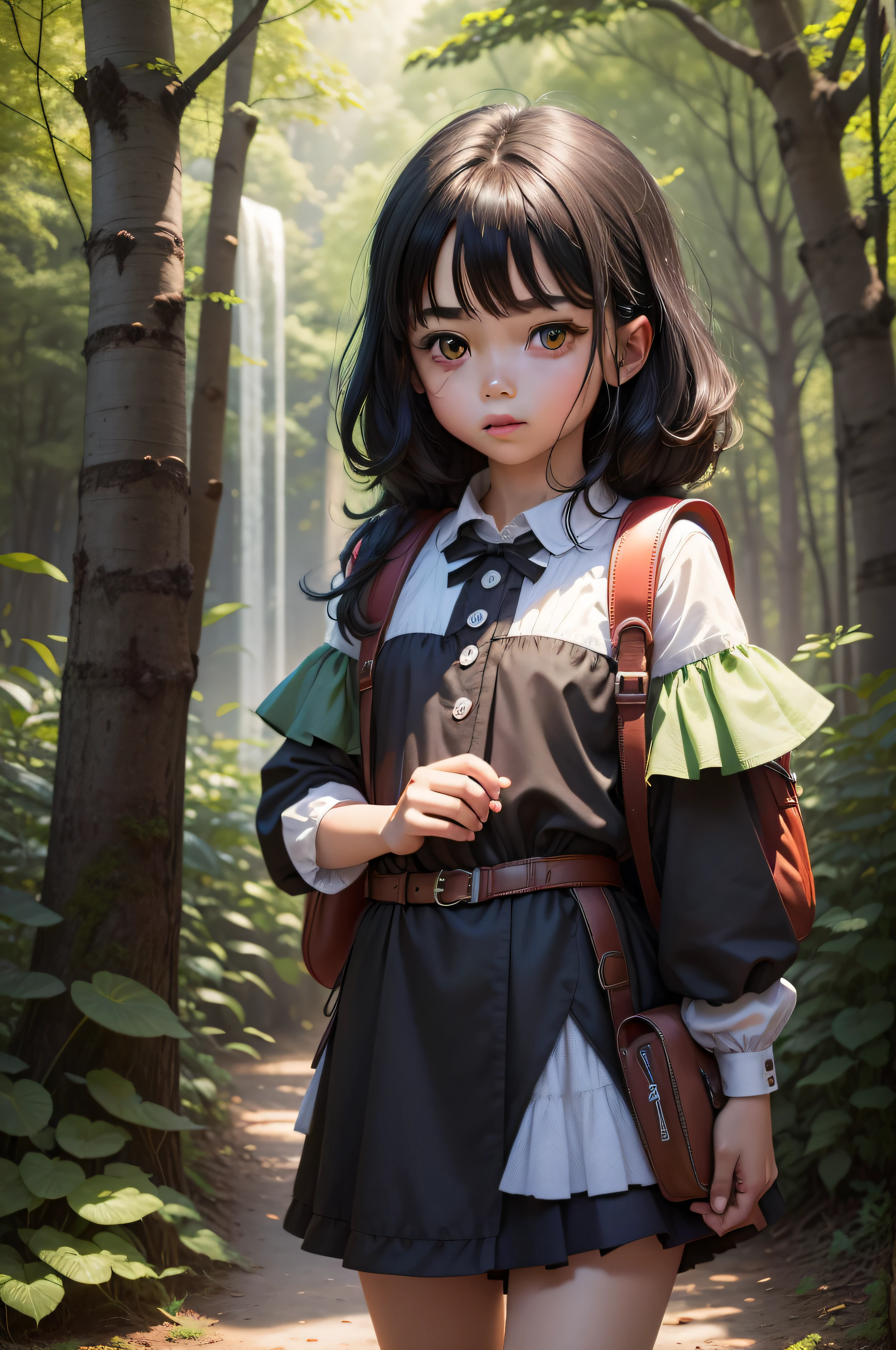 Create a captivating scene with a black-haired -year- vest como uma jovem exploradora, renderize jumanje, em trajes de aventura. mochila verde; Place it against the backdrop of a magical forest inhabited by giants, Borboletas coloridas. Renderize esta cena em um cativante estilo anime 3D, infusing it with whimsy and admiration.