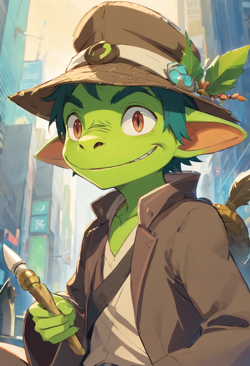 Cartoon of a man with a hat and a green face, alligator shaman, archwizzard in a hat, um pirata goblin, design de personagem monstro, Orc fundido com videiras, Estilo Rato Fink, Lagarto, Criatura da loucura, retrato verde do duende, medium portrait of a goblin, Retrato de um Duende, monstro feio, arte do lagarto, Bebia goblin fantasia
