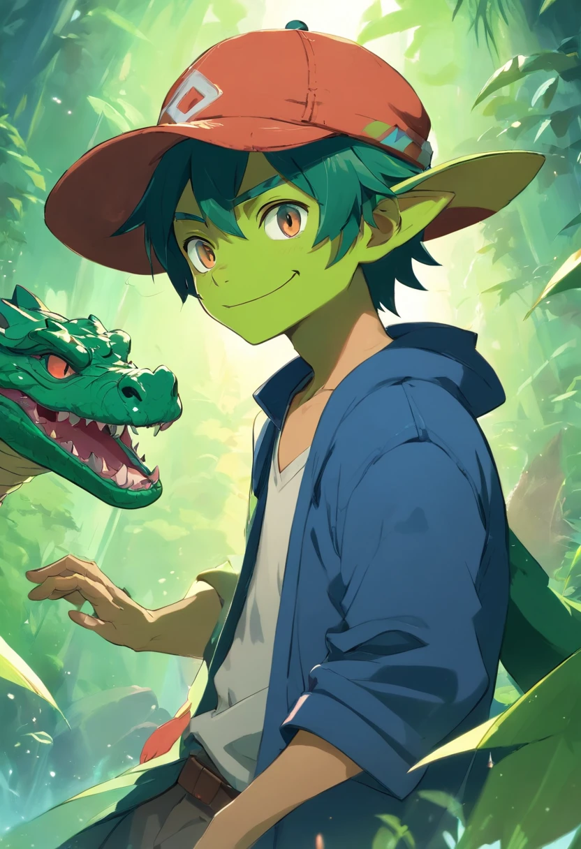 Cartoon of a man with a hat and a green face, alligator shaman, archwizzard in a hat, um pirata goblin, design de personagem monstro, Orc fundido com videiras, Estilo Rato Fink, Lagarto, Criatura da loucura, retrato verde do duende, medium portrait of a goblin, Retrato de um Duende, monstro feio, arte do lagarto, Bebia goblin fantasia