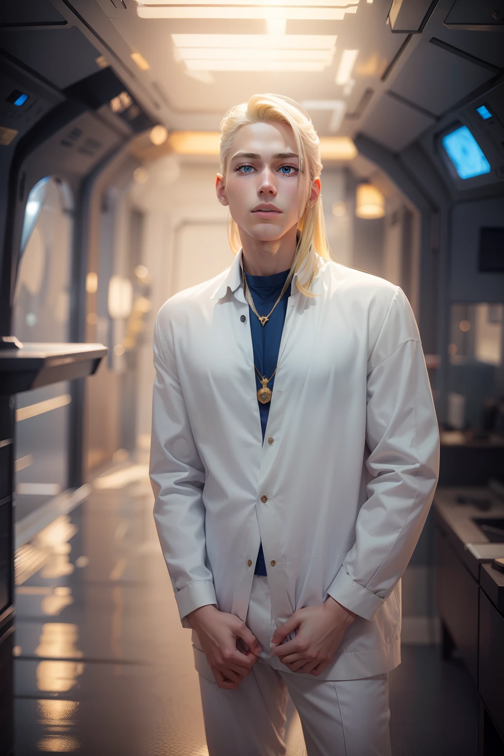 Young blonde anime, aesthetic body, dark blue eyes, with white clothes with blue details, on a spaceship, with golden necklace