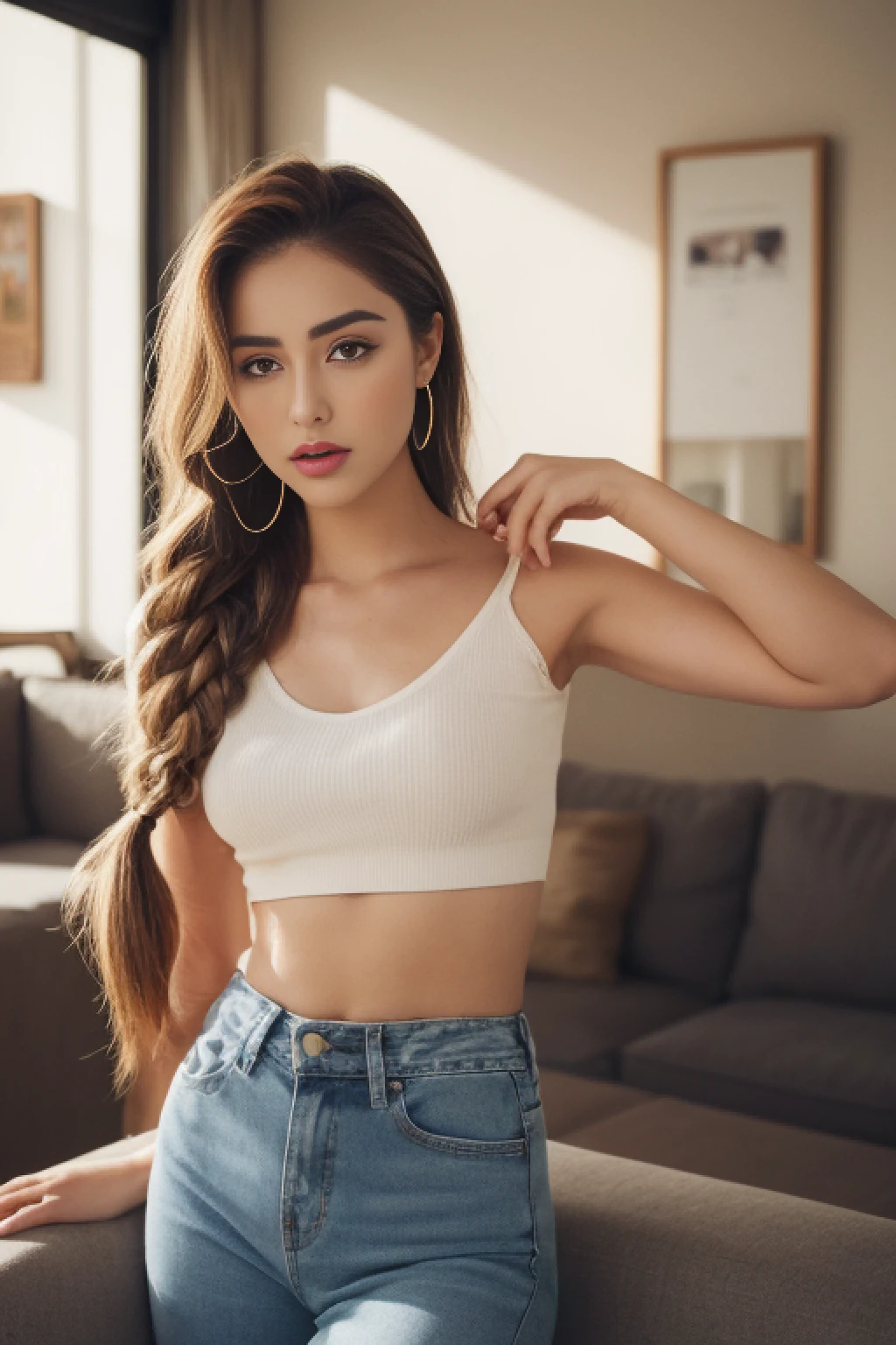 ((Realistic lighting, Best quality, 8K, Masterpiece: 1.3)), Clear focus: 1.2, 2girl, Perfect Figure: 1.4, Slim Abs: 1.1, (Dutch Braid Hairstyle)), (see through shirt crop top and tight jean: 1.4), , , Super fine face, Fine eyes, Double eyelids, woman sittingposing for the camera in a sunny modern living room a portrait inspired by Gina Pellón, instagram, tachisme, violet myers, lorena avarez, olivia culpo, alanis guillen, looks like laura barriales, portrait sophie mudd, tanned ameera al taweel, beautiful mexican woman