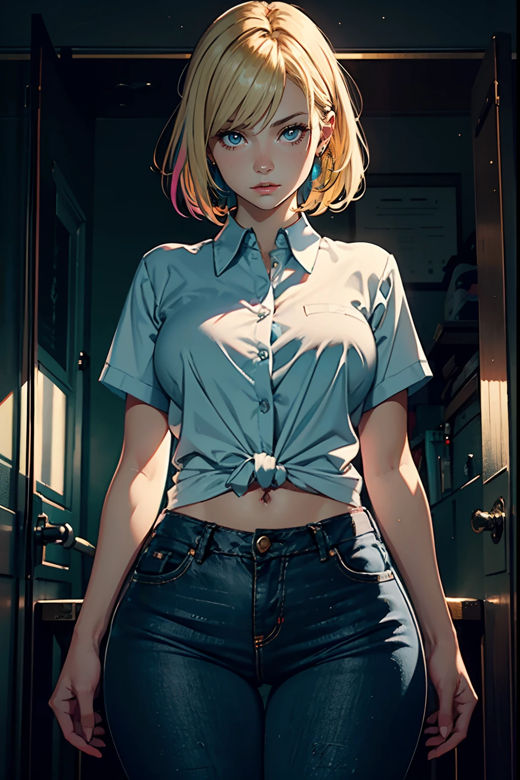 The photo was taken in a school. The girl on focus, She is facing the camera. She wears a brown lab coat, for roleplay porpuses, revealing its curves, she wears tight jeans, dark blue jeans. The outfit is very tight around her waistline, and her shouldes are bare. With a very clear sky. Her hair is blonde and short, with colored streaks, or blonde multicolored hair. She is touching her body, and playing with it, or maybe not. The shadows in the photo are impressive. The girl is illuminated perfectly. The rest of the photo is perfect with a very nice background. This creates a sense of pleasure and intrigue. The colors are all vibrant and satisfying to look at. The face is very realistic, and she is very detailed as well, she is appealing to look at. The general mood of the photo is sensual and alluring. The girl is the center of attention of the photo, And its beauty is undeniable. The beautiful setting and dramatic colors create a sense of hypnosis and excitement. This photograph is a perfect example of professional cinematic photography. It is well lit, well-proportioned, And the theme is absolutely amazing. It is sure to attract the attention of anyone, Who will see it. You could put a ornaments in her hair. Whatever, As a result, the photo will be composed?, It is sure to be a stunning and memorable image.