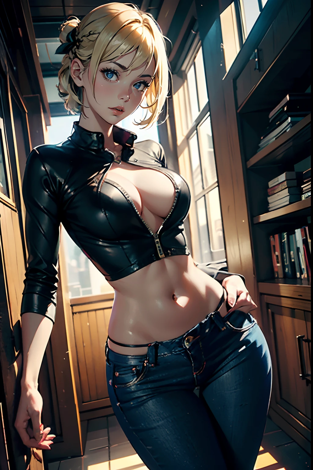 The photo was taken in a school. The girl on focus, She is facing the camera. She wears a brown lab coat, for roleplay porpuses, revealing its curves, she wears tight jeans, dark blue jeans. The outfit is very tight around her waistline, and her shouldes are bare. With a very clear sky. Her hair is blonde and short, with colored streaks, or blonde multicolored hair. She is touching her body, and playing with it, or maybe not. The shadows in the photo are impressive. The girl is illuminated perfectly. The rest of the photo is perfect with a very nice background. This creates a sense of pleasure and intrigue. The colors are all vibrant and satisfying to look at. The face is very realistic, and she is very detailed as well, she is appealing to look at. The general mood of the photo is sensual and alluring. The girl is the center of attention of the photo, And its beauty is undeniable. The beautiful setting and dramatic colors create a sense of hypnosis and excitement. This photograph is a perfect example of professional cinematic photography. It is well lit, well-proportioned, And the theme is absolutely amazing. It is sure to attract the attention of anyone, Who will see it. You could put a ornaments in her hair. Whatever, As a result, the photo will be composed?, It is sure to be a stunning and memorable image.