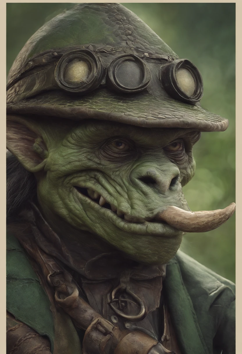 Cartoon of a man with a hat and a green face, alligator shaman, archwizzard in a hat, um pirata goblin, design de personagem monstro, Orc fundido com videiras, Estilo Rato Fink, Lagarto, Criatura da loucura, retrato verde do duende, medium portrait of a goblin, Retrato de um Duende, monstro feio, arte do lagarto, Bebia goblin fantasia