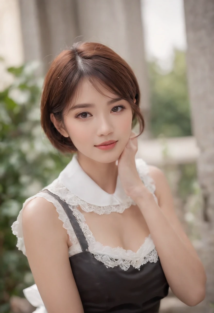 (Best Quality,8K,32K,masutepiece:1.2),1girl in,japanaese girl,Slim waist,maid clothes,beautifull detailed face,Short hair,18 years old,Mini skirt,thighs thighs thighs thighs,Smile,pantiy