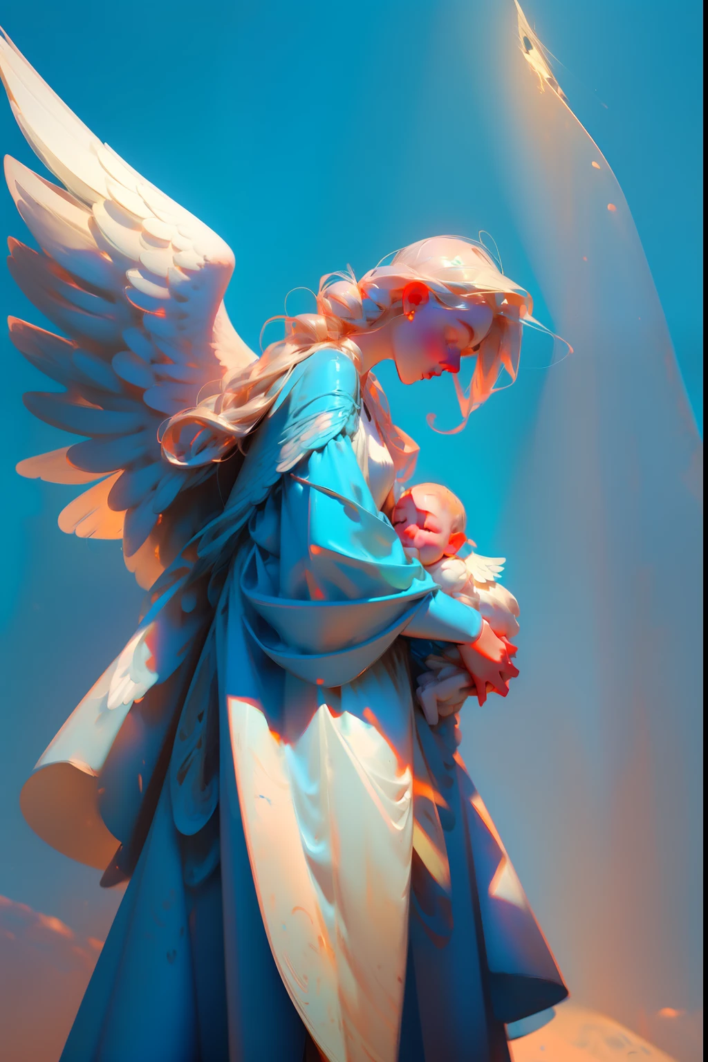 A woman with white angel wings, in a long blue dress, holding a , background is a farmer’s field, mood is progressive, appreciative, nurturing, nourishing, daytime light, character design.