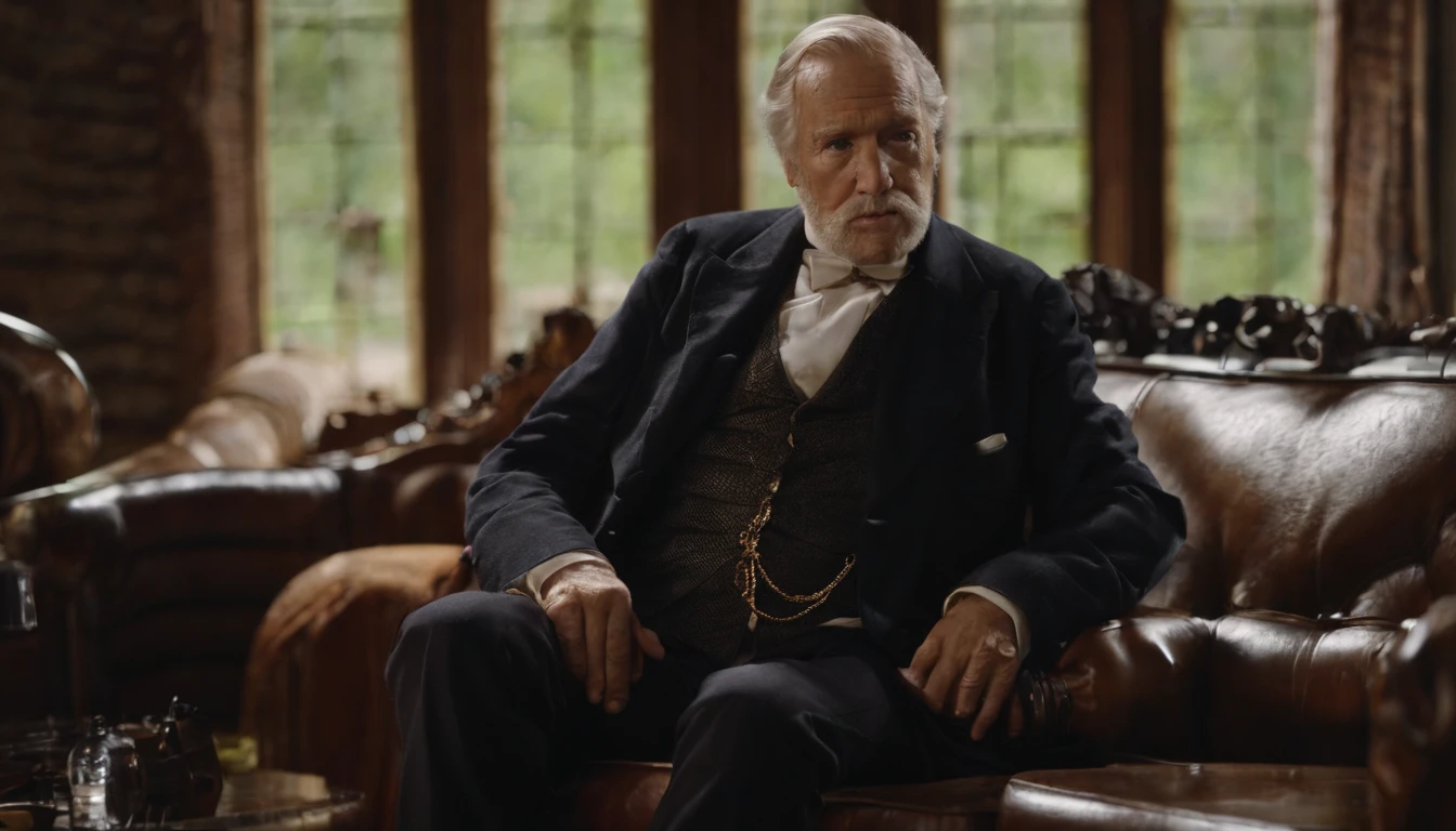 Old gentleman with a goatee，sit on chair，Eyes look at boots，Black high-gloss rain boots, 8K分辨率,Wallpaper masterpiece，Best quality，digitial painting，Highly meticulous，Ultra high quality
