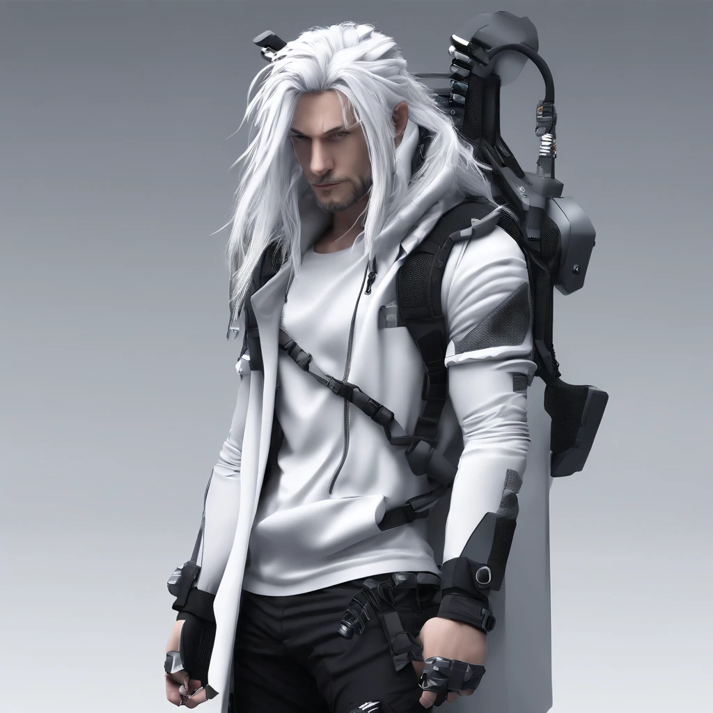 male with wolf ears and a wolf tail, long white hair with flowing long locks, has light beard, shirtless, wearing fingerless gloves, wearing worn jeans, is sweaty