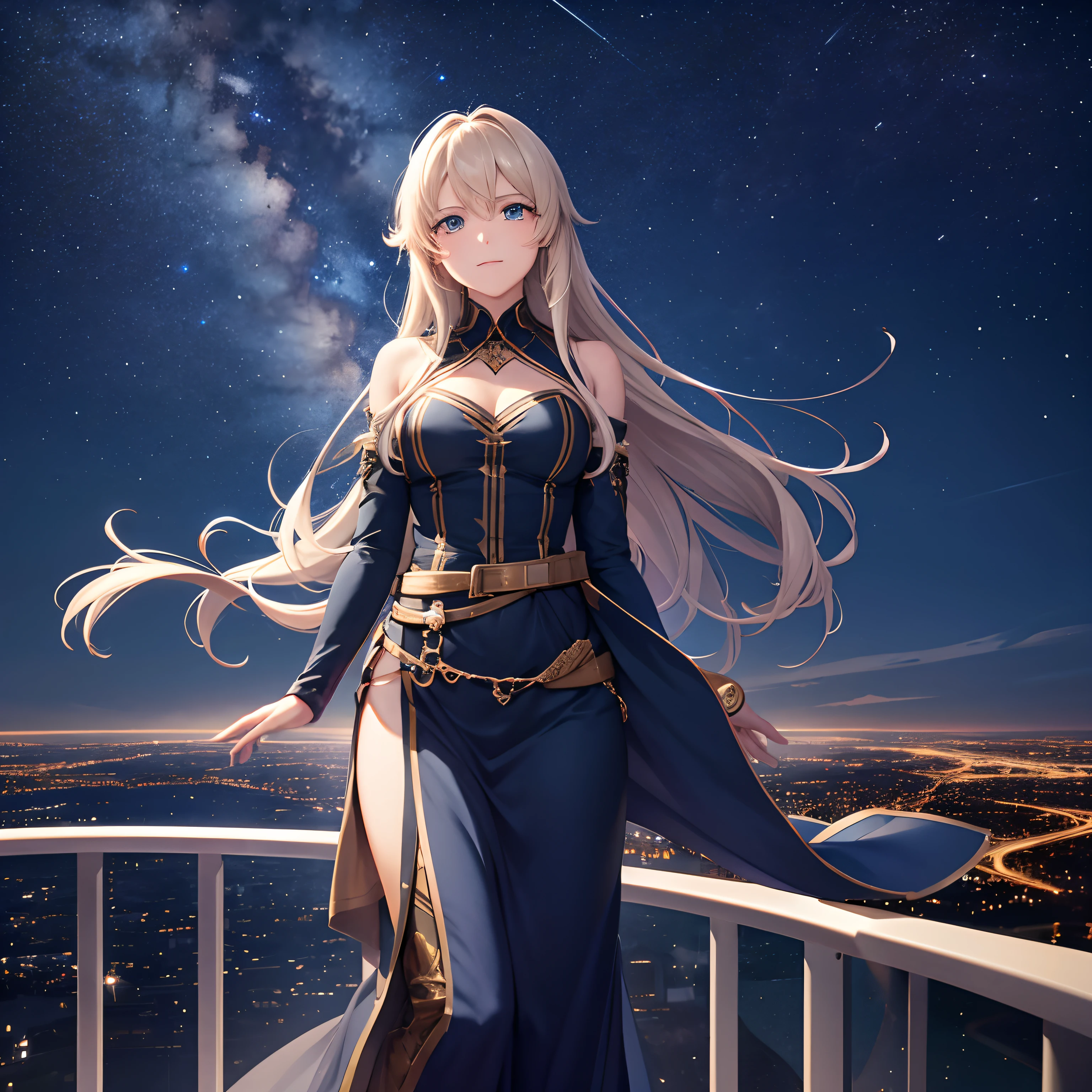 A beautiful gitl stands at a top of skycraper with a beautiful scene of the night, sky of stars, clouds,