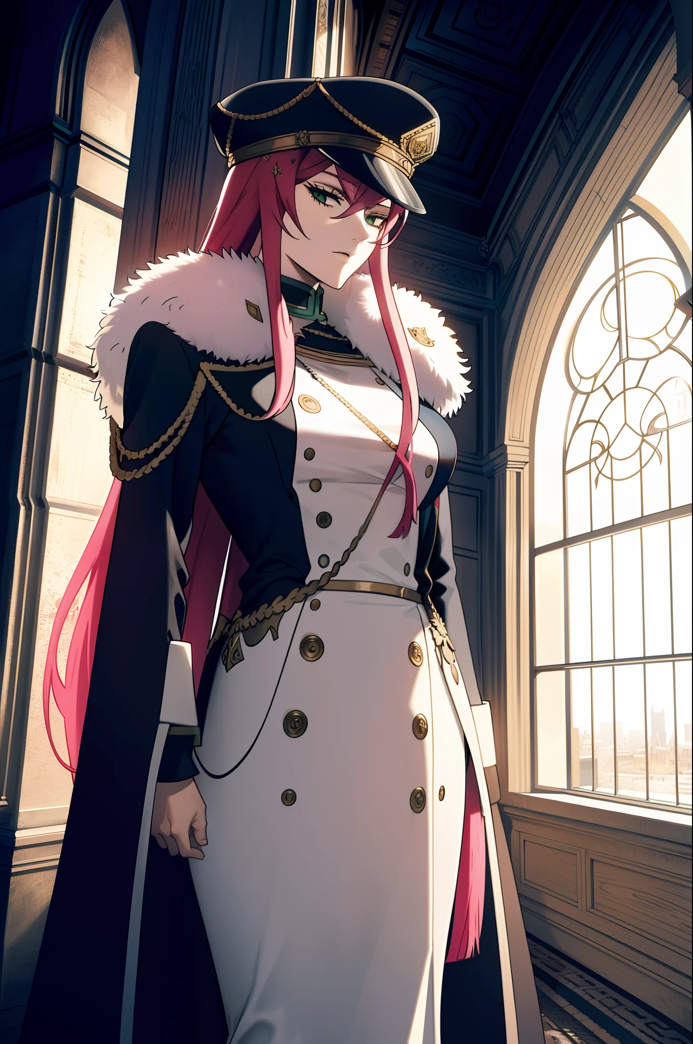 masterpiece, ((ultra detailed background, delicate pattern, intricate detail)), (highly detailed, fine details), best quality, ((medium breasts, slim girl)), Princia, 1girl, solo, long hair, military hat, cap, fur trim, black suit, green eyes, ((pink hair)), peaked cap, (complex detailed background, complex detailed background, inside, castle room environment, medieval castle, gray walls, window, bookshelf),  ((cowboy shot)),