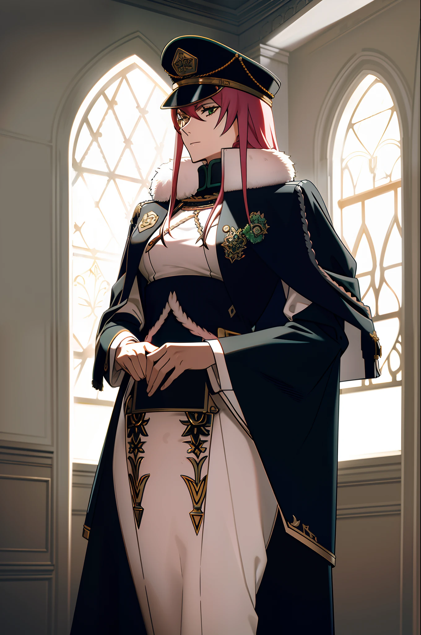 masterpiece, ((ultra detailed background, delicate pattern, intricate detail)), (highly detailed, fine details), best quality, ((medium breasts, slim girl)), Princia, 1girl, solo, long hair, military hat, cap, fur trim, black suit, green eyes, ((pink hair)), peaked cap, (complex detailed background, complex detailed background, inside, castle room environment, medieval castle, gray walls, window, bookshelf),  ((cowboy shot)),