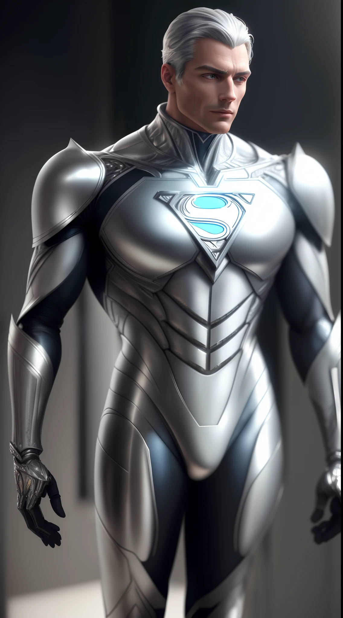 An intricate silver man cybiotics suit, extremely detailed suit, futuristic superman, micro-details, photorealism, one light, dark photo, deep shadows, shallow depth of field, photorealistic, Surrealism, high quality, masterpiece, 8k, 8k, super detail