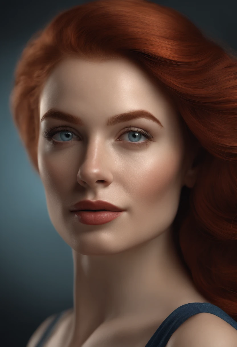 Create a photorealistic portrait of a woman with striking features and captivating expression. The portrait should showcase intricate details, realistic skin textures, and natural-looking hair.  Red hair, freckles, dimple, thin eyebrows ,  blue eyes,  big seductive red lips, (wind:1.3) , ,(texture map) ,(normal map),(specular map) ,(displacement map), wide smile, focus on achieving an unparalleled level of realism