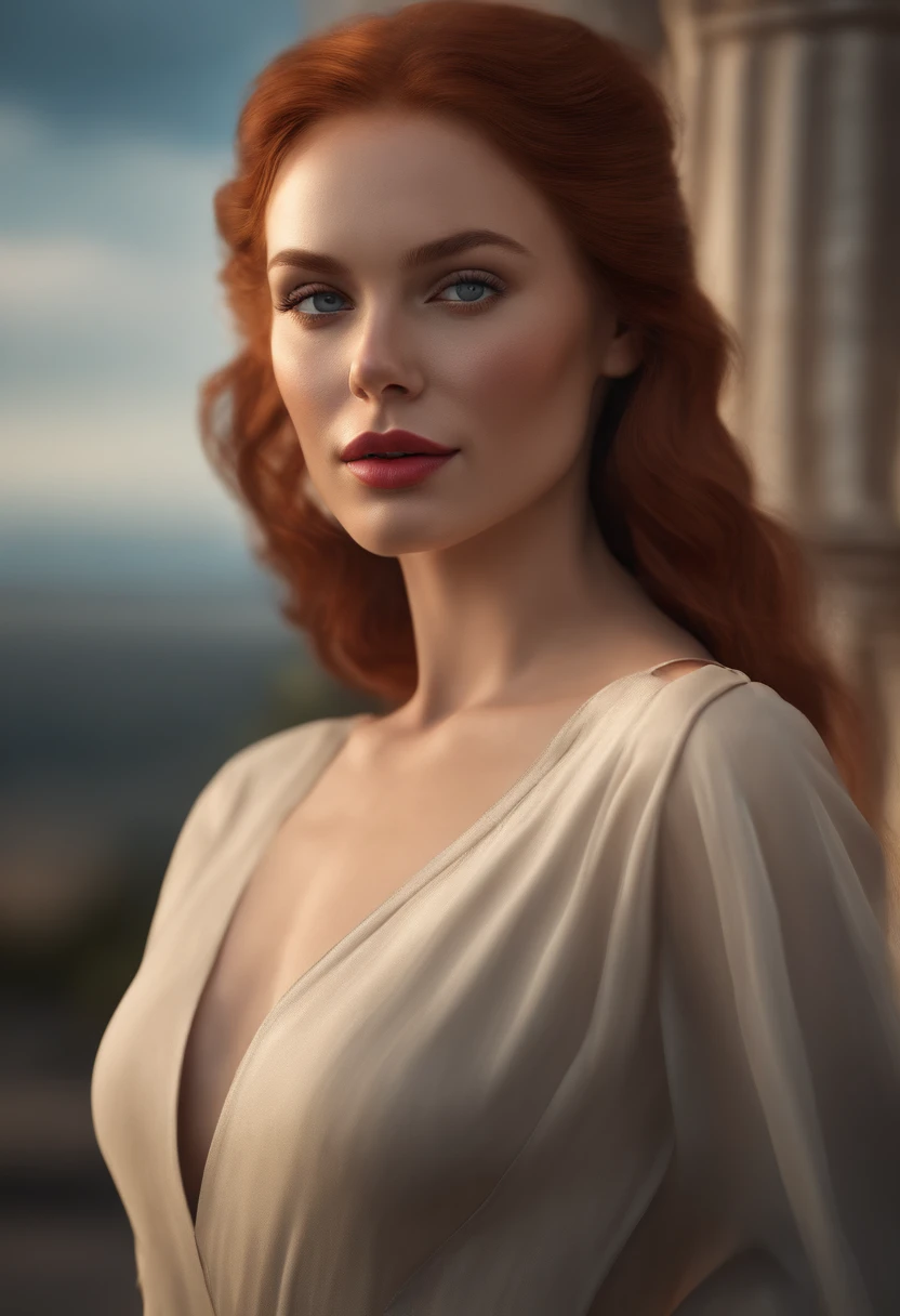 Create a photorealistic portrait of a woman with striking features and captivating expression. The portrait should showcase intricate details, realistic skin textures, and natural-looking hair. Red hair, freckles, dimple, thin eyebrows , blue eyes, big seductive red lips, (wind:1.3) , ,(texture map) ,(normal map),(specular map) ,(displacement map), wide smile, focus on achieving an unparalleled level of realism