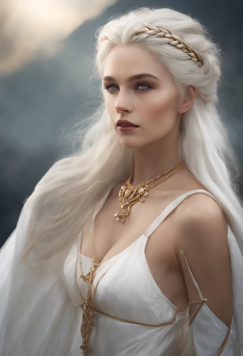 Generate a majestic image of a goddess, surrounded by an aura of power and grace, white hair, emanating wisdom and strength around you
