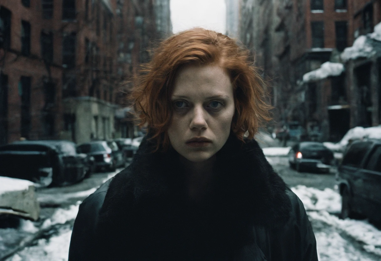 beautiful petite young woman, 28 year old, short messy hair, ginger hair, floppy hair, straight hair, cold, (investigative journalist:1,5), new york city, Photojournalism, 35mm, Kodak Gold 200, Depth of Field, Materiality